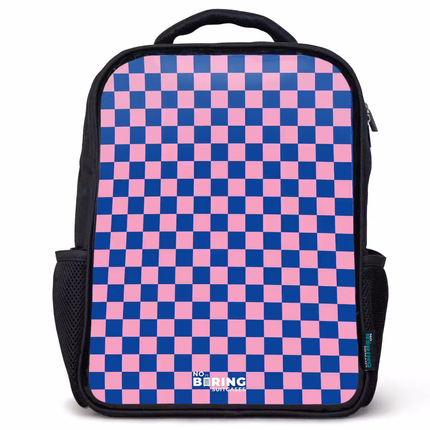 Blokjes - Blauw - Roze Rugzak - Zwart middel -3d