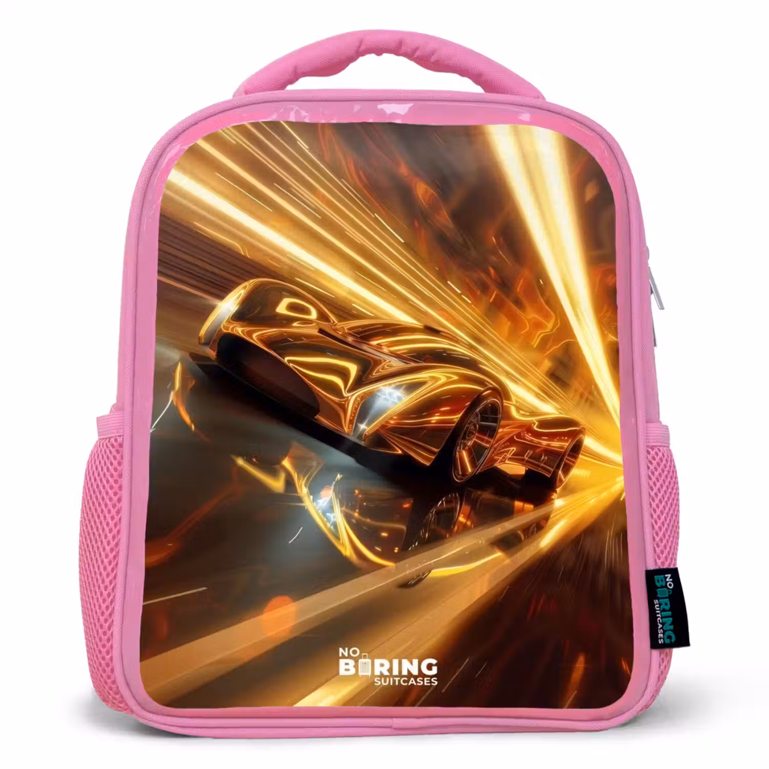 Gouden raceauto in een tunnel Kinderrugzak - Roze middel -3d