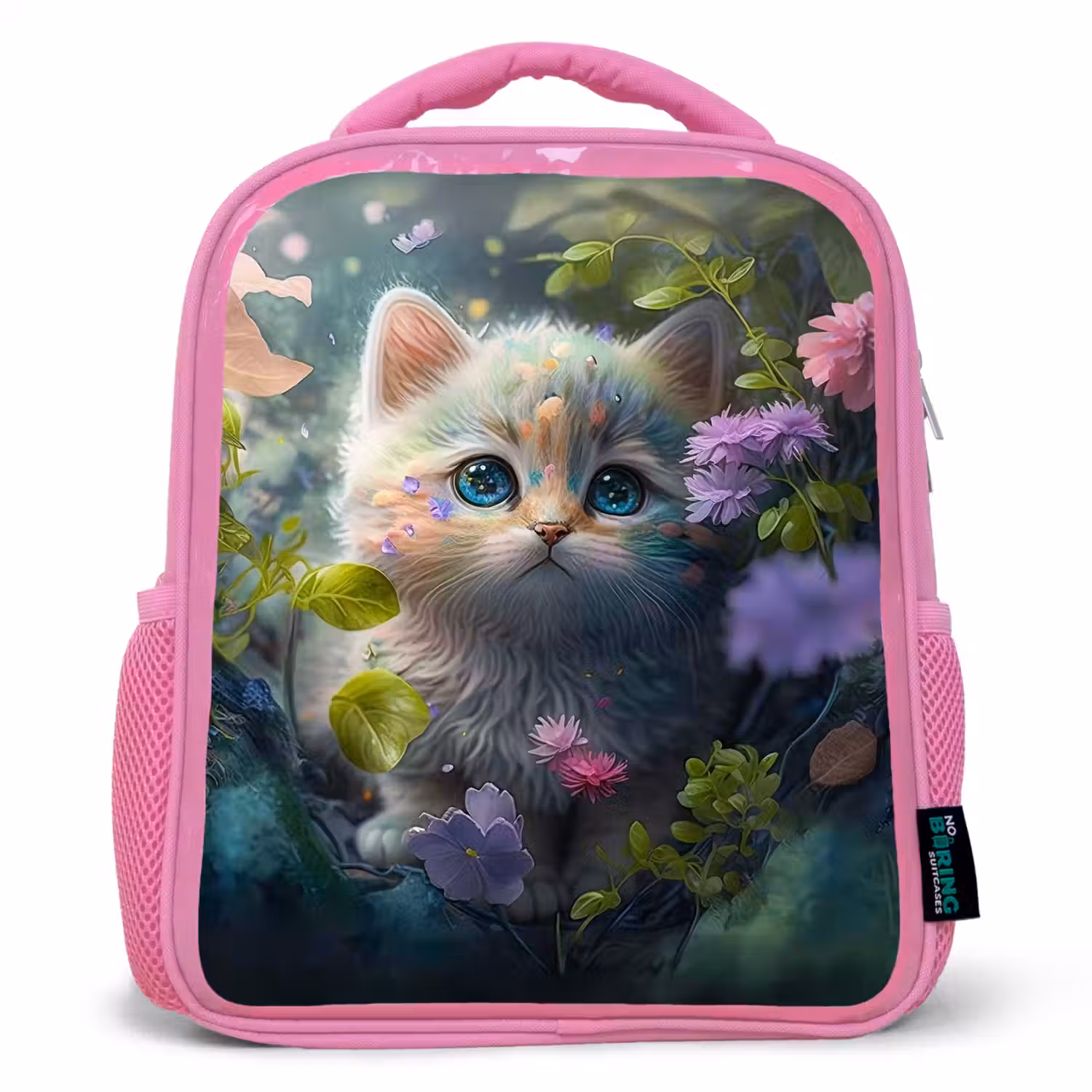 Kitten - Bloemen - Bos - Illustratie - Poes Kinderrugzak - Roze middel -3d