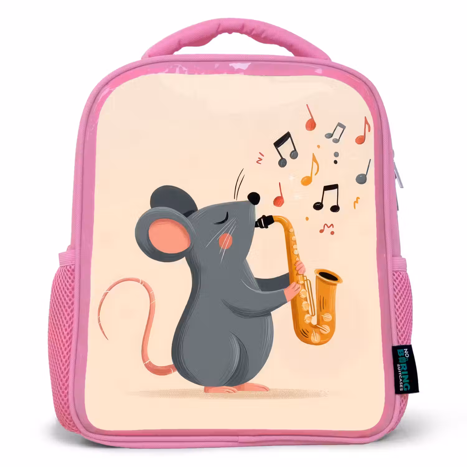 Muis - Saxofoon - Muzieknoten Kinderrugzak - Roze middel -3d