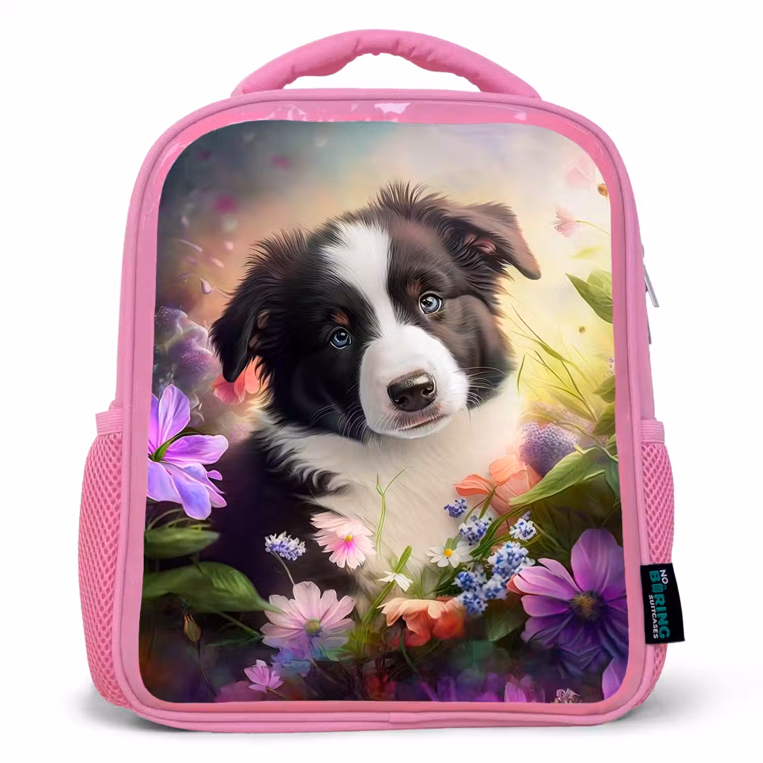 Puppy - Zon - Bloemen - Natuur - Bordercollie - Hond Kinderrugzak - Roze middel -3d