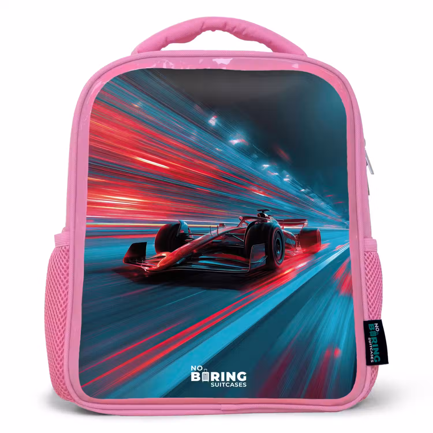 Raceauto - Baan - Neon - Verlichting Kinderrugzak - Roze middel -3d