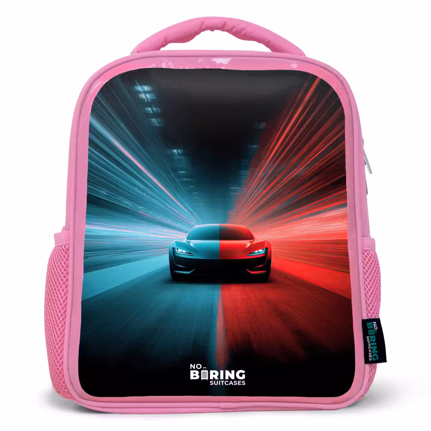 Sportwagen - Lichtstralen - Neon - Blauw Kinderrugzak - Roze middel -3d