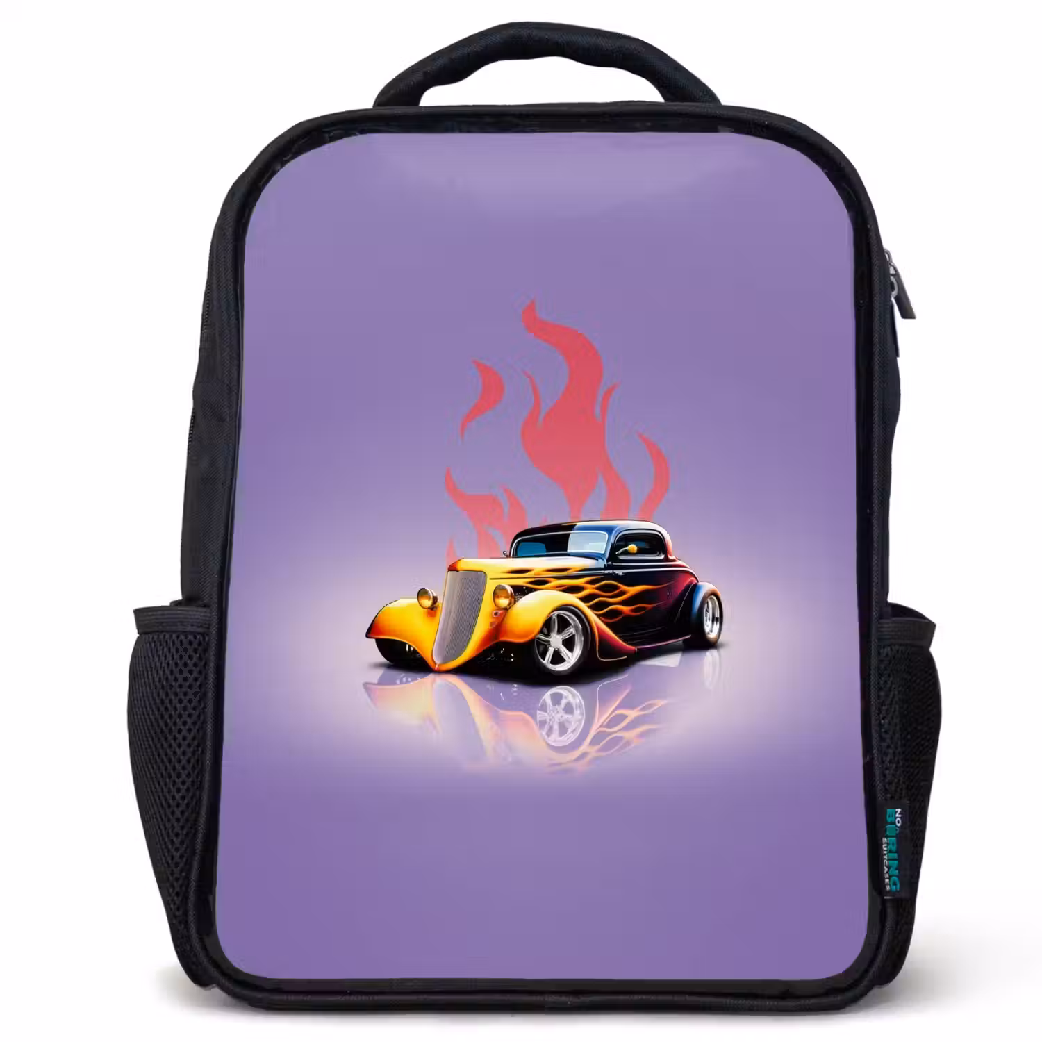 Gele auto met roze vlammen Rugzak - Zwart middel -3d