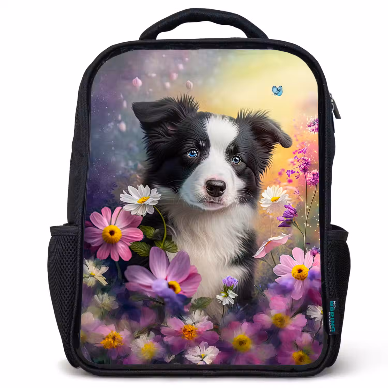 Hond - Bloemen - Natuur - Puppy - Bordercollie Rugzak - Zwart middel -3d
