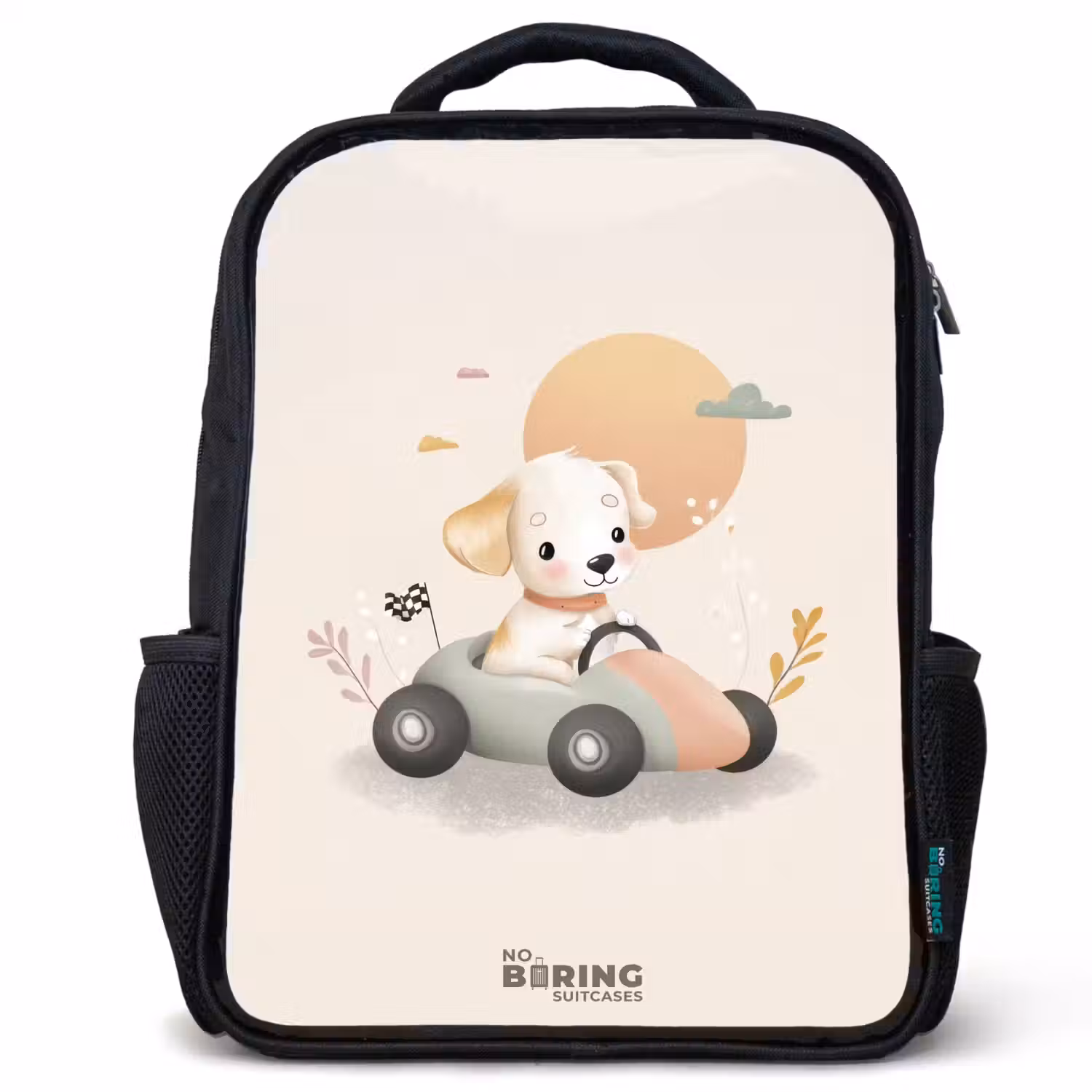 Puppy in een raceauto in beige kleuren Rugzak - Zwart middel -3d