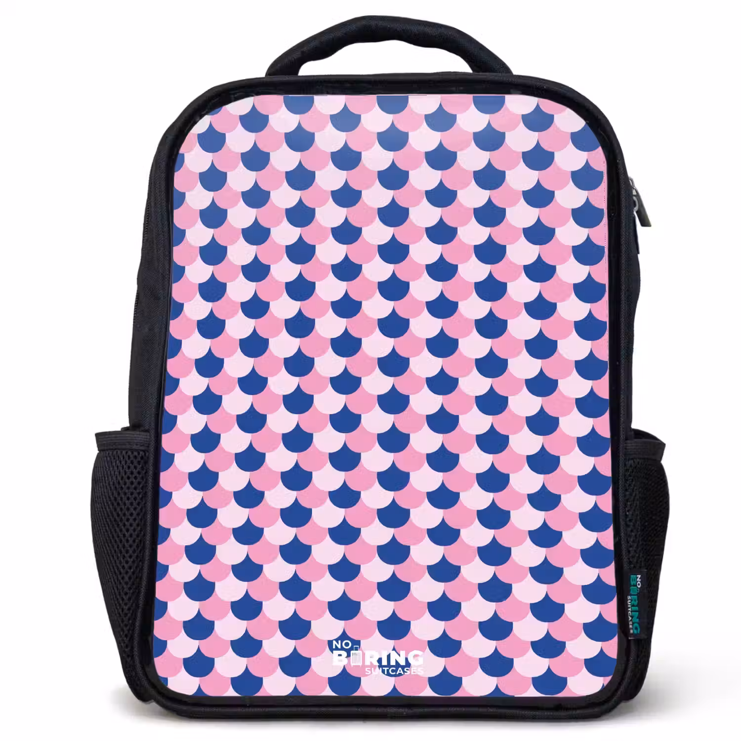 Schubben - Patroon - Blauw - Roze Rugzak - Zwart middel -3d
