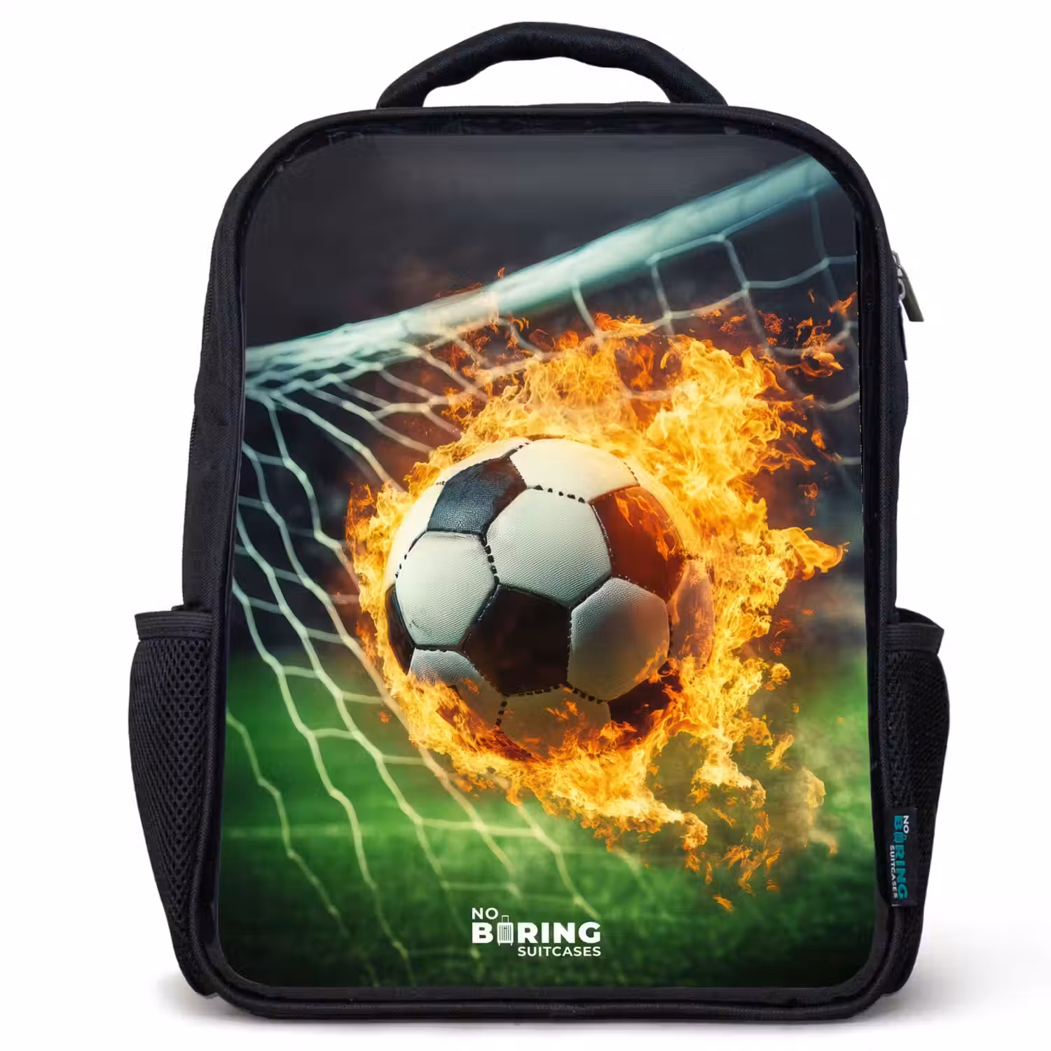Vuurvoetbal in doelnet vastgelegd Rugzak - Zwart middel -3d