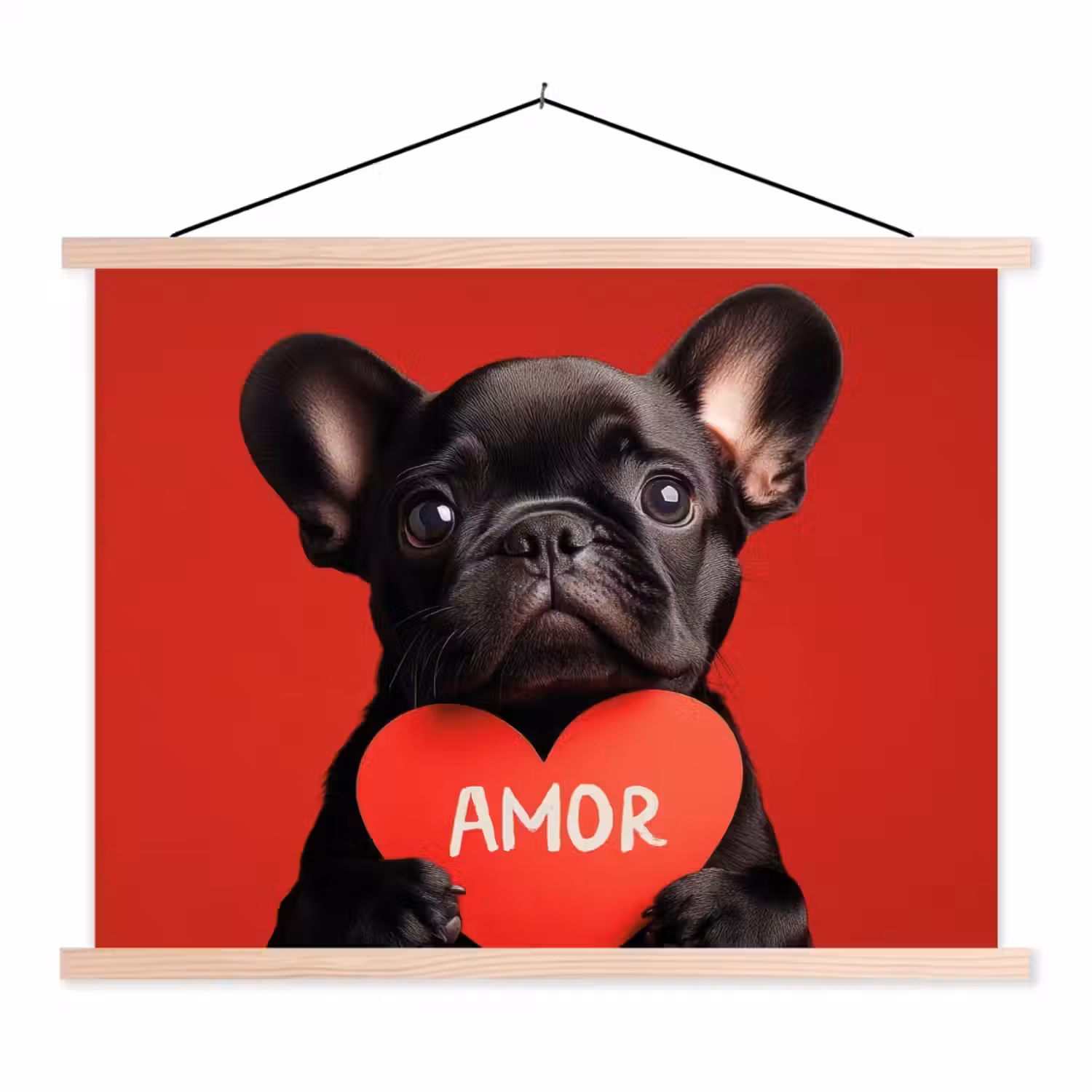 Amor - Hond - Hartje - Rood textielposter latten blank klein -3d