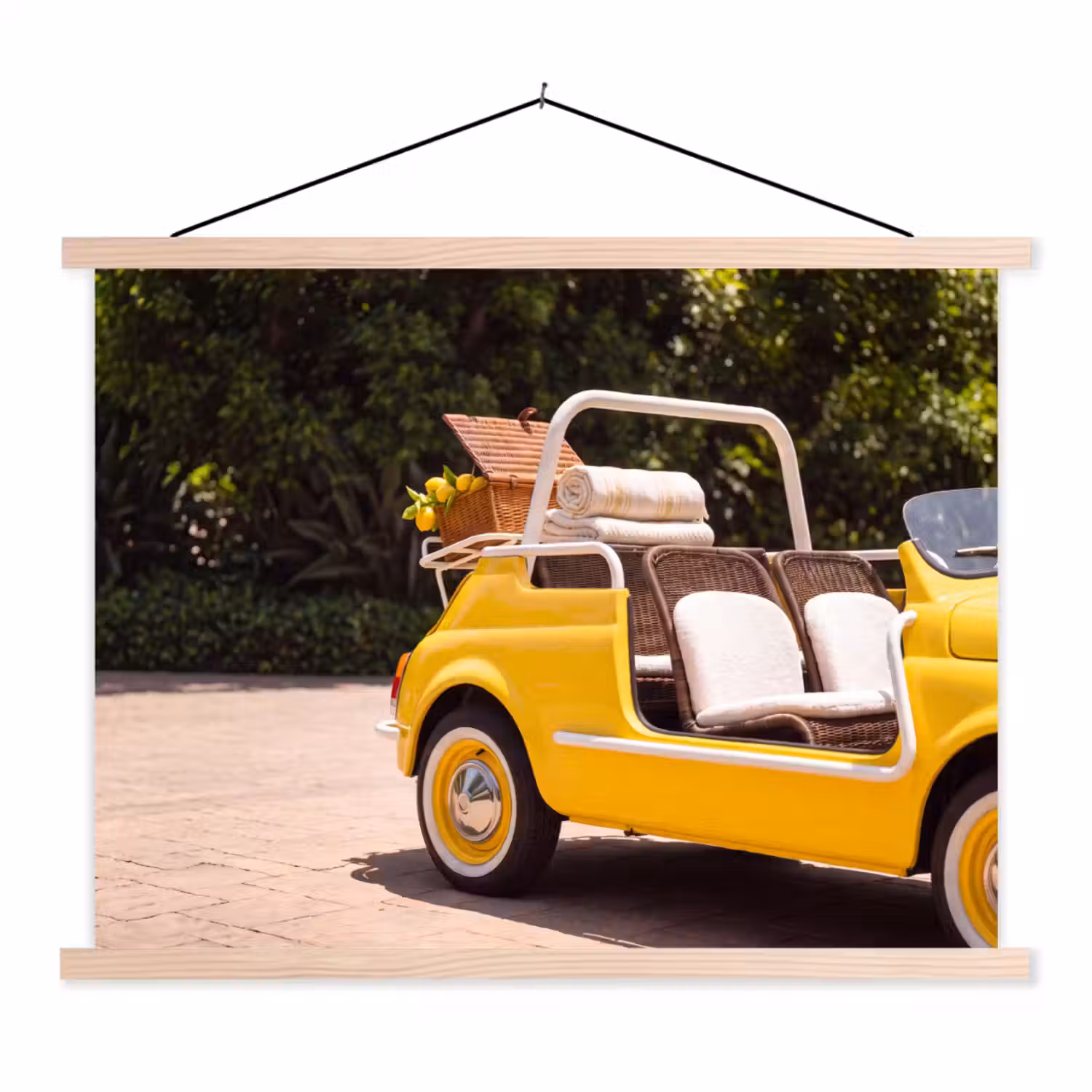 Auto - Picknick - Zomer - Geel textielposter latten blank klein -3d