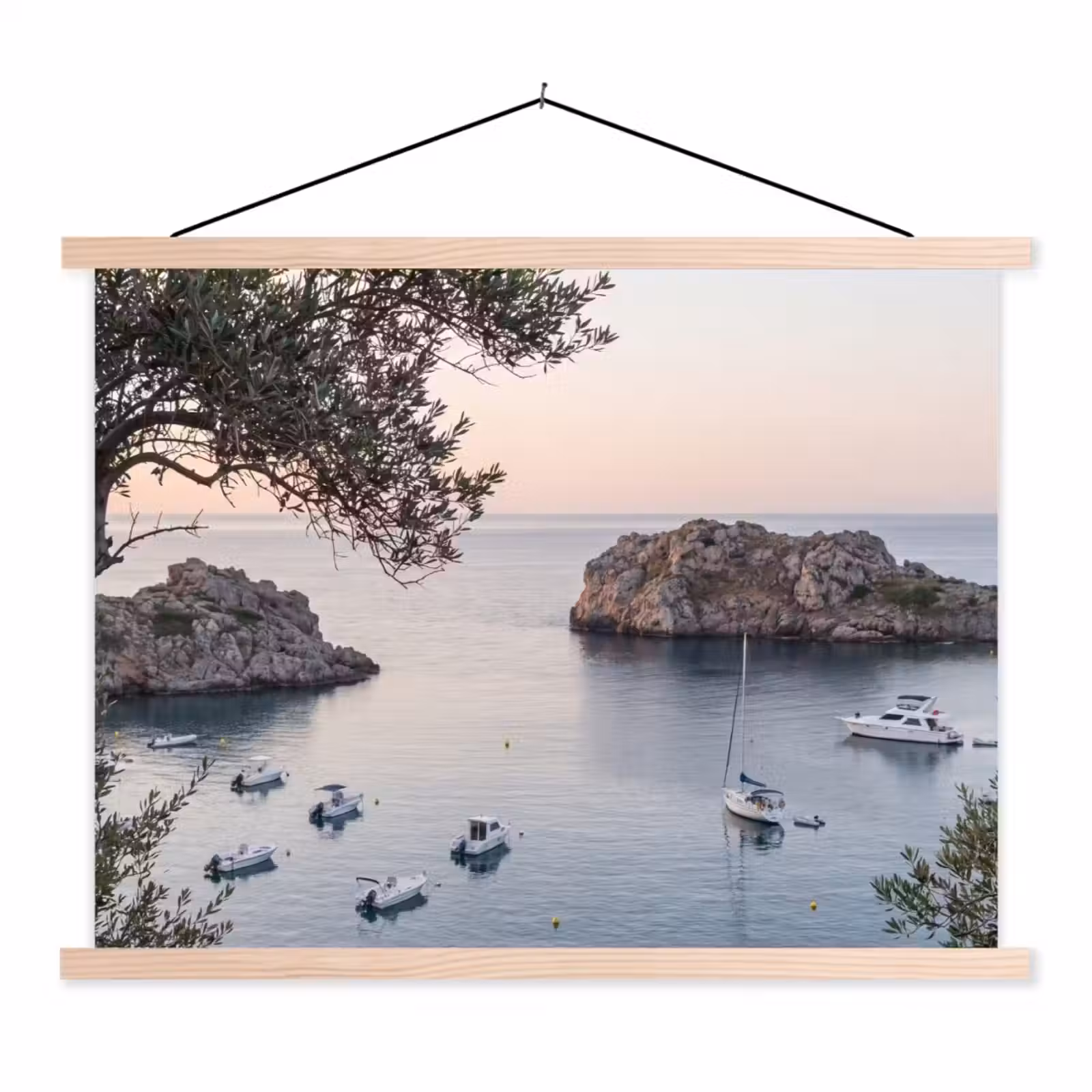 Schoolplaat - Baai - boten - zonsondergang - Baai - boten - zonsondergang textielposter latten blank klein