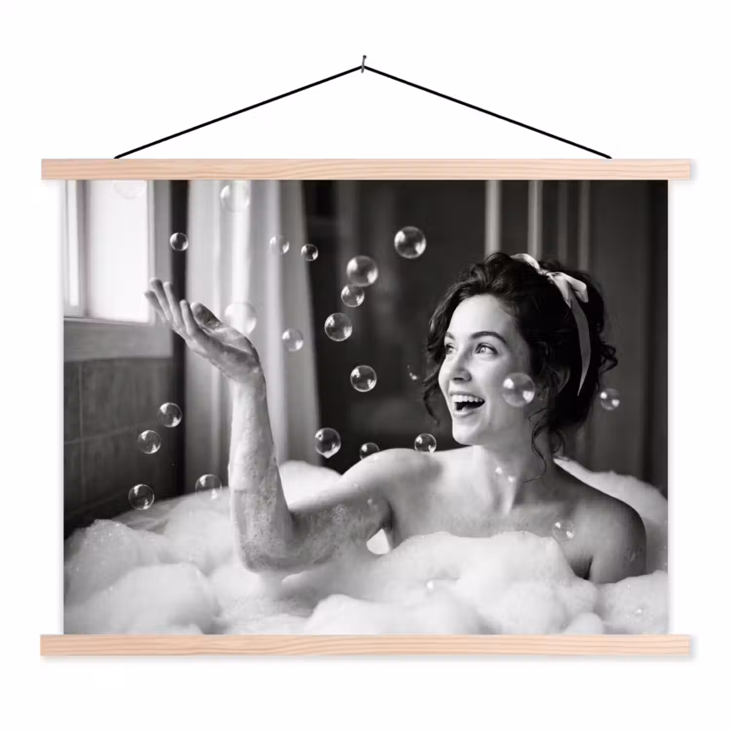 Bad - Bubbels - Zwart - Wit textielposter latten blank klein -3d