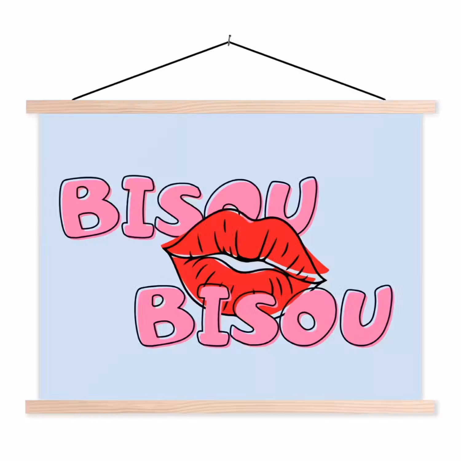 Bisou - Blauw - Roze - Lippen textielposter latten blank klein -3d