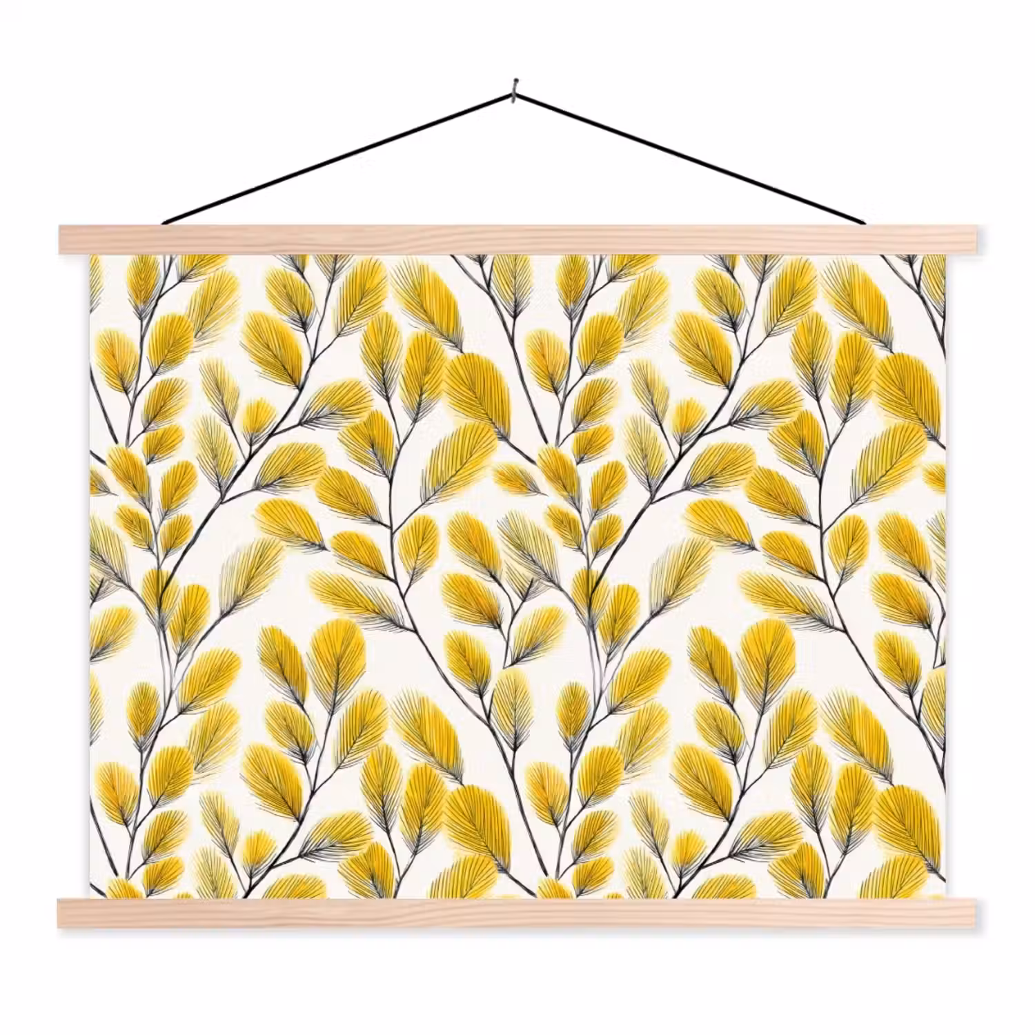 Bladeren - Botanisch - Elegant - Geel - Zwart textielposter latten blank klein 122 -3d