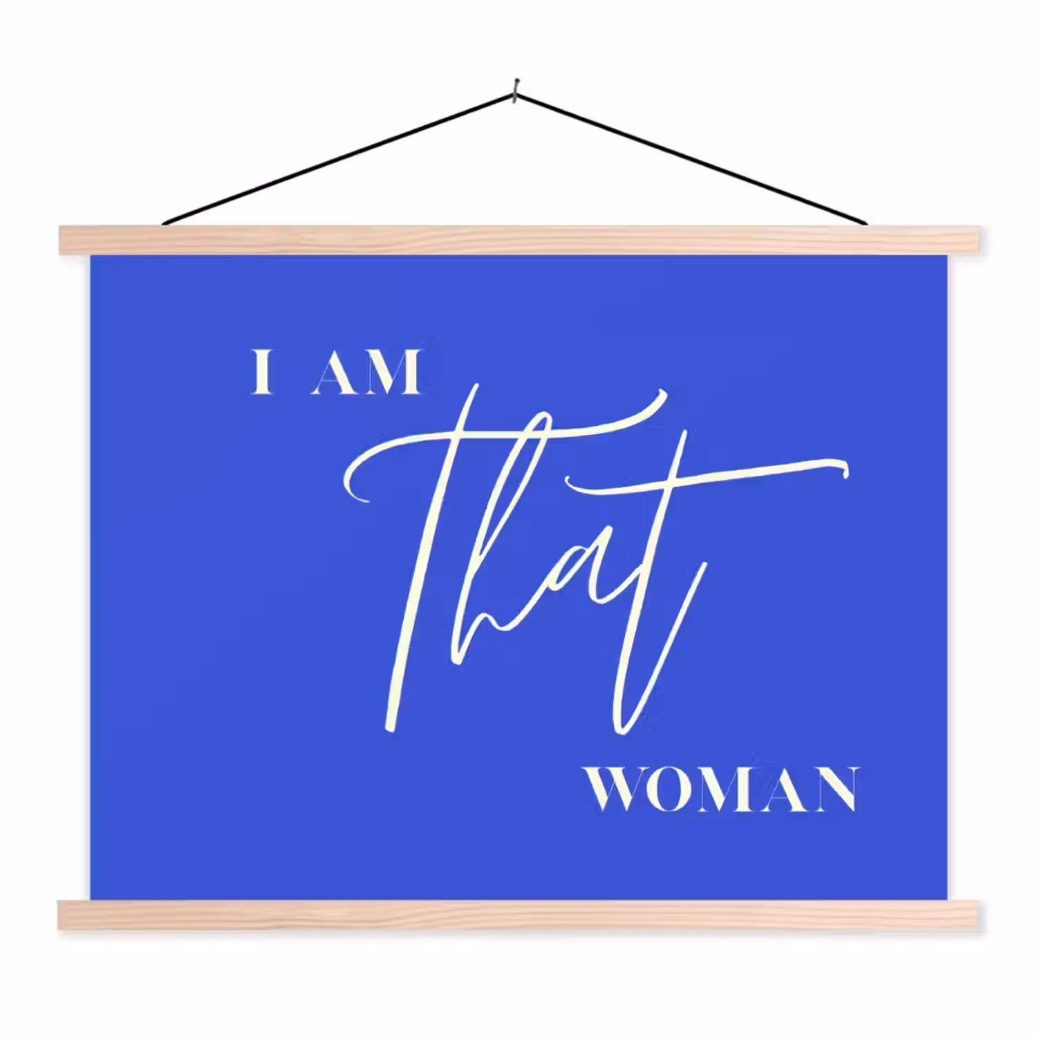Blauw - I am that woman - Sierlijk - Minimalistisch textielposter latten blank klein -3d
