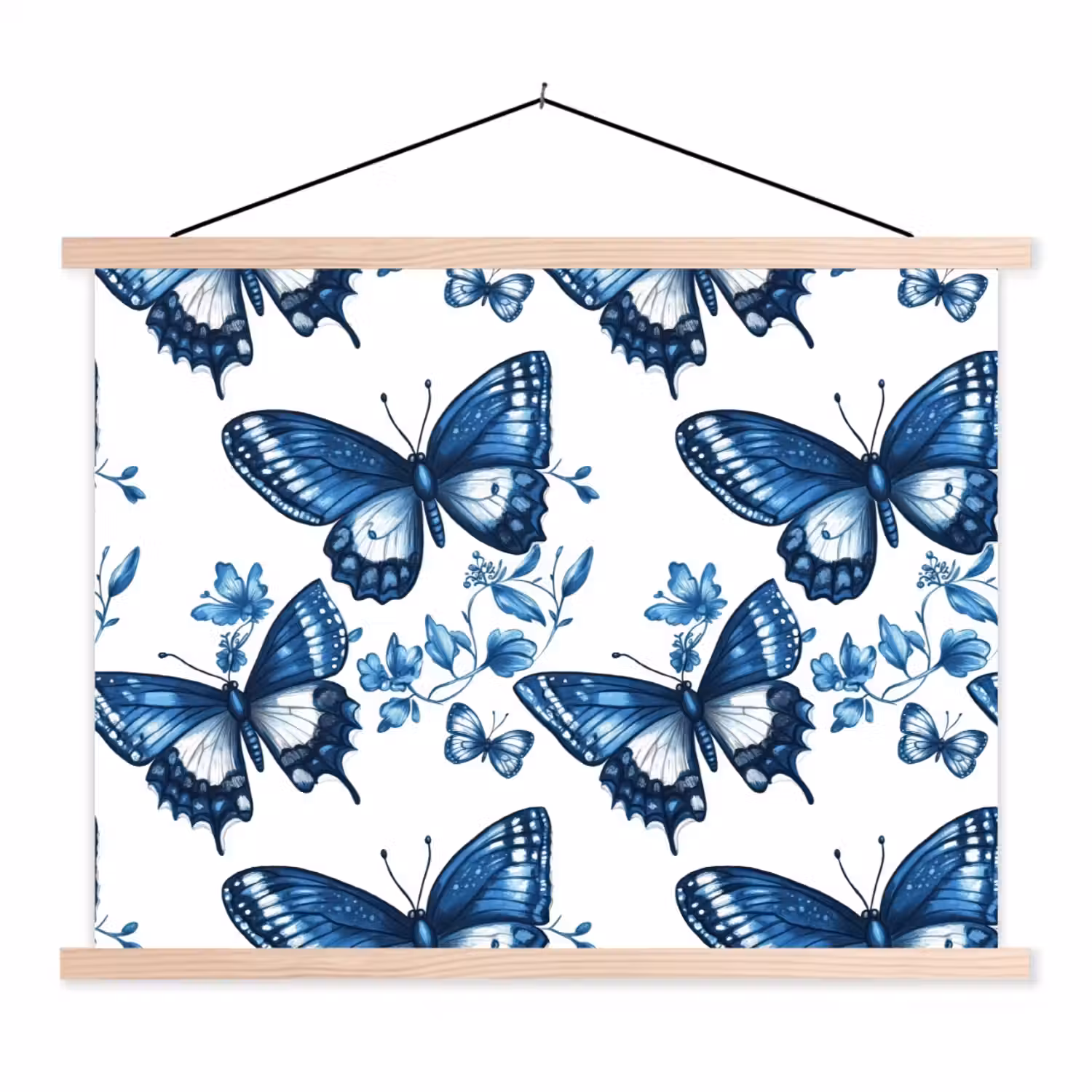 Blauw - Vlinders - Bloemen - Wit textielposter latten blank klein 122 -3d