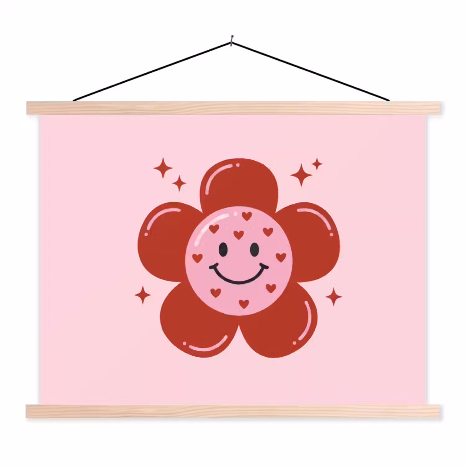 Bloem - Roze - Hartjes textielposter latten blank klein -3d