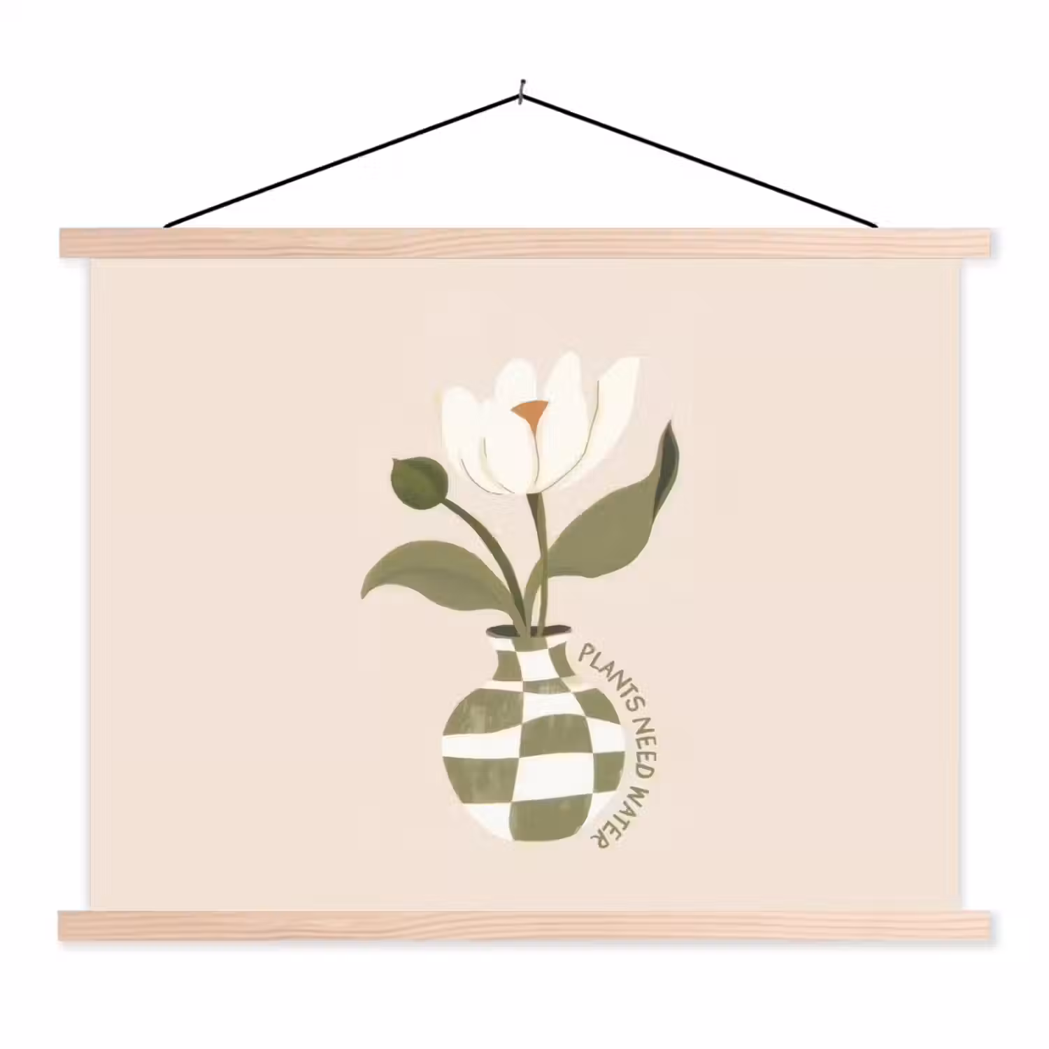 Bloem - Wit - Vaas - Quote textielposter latten blank klein -3d