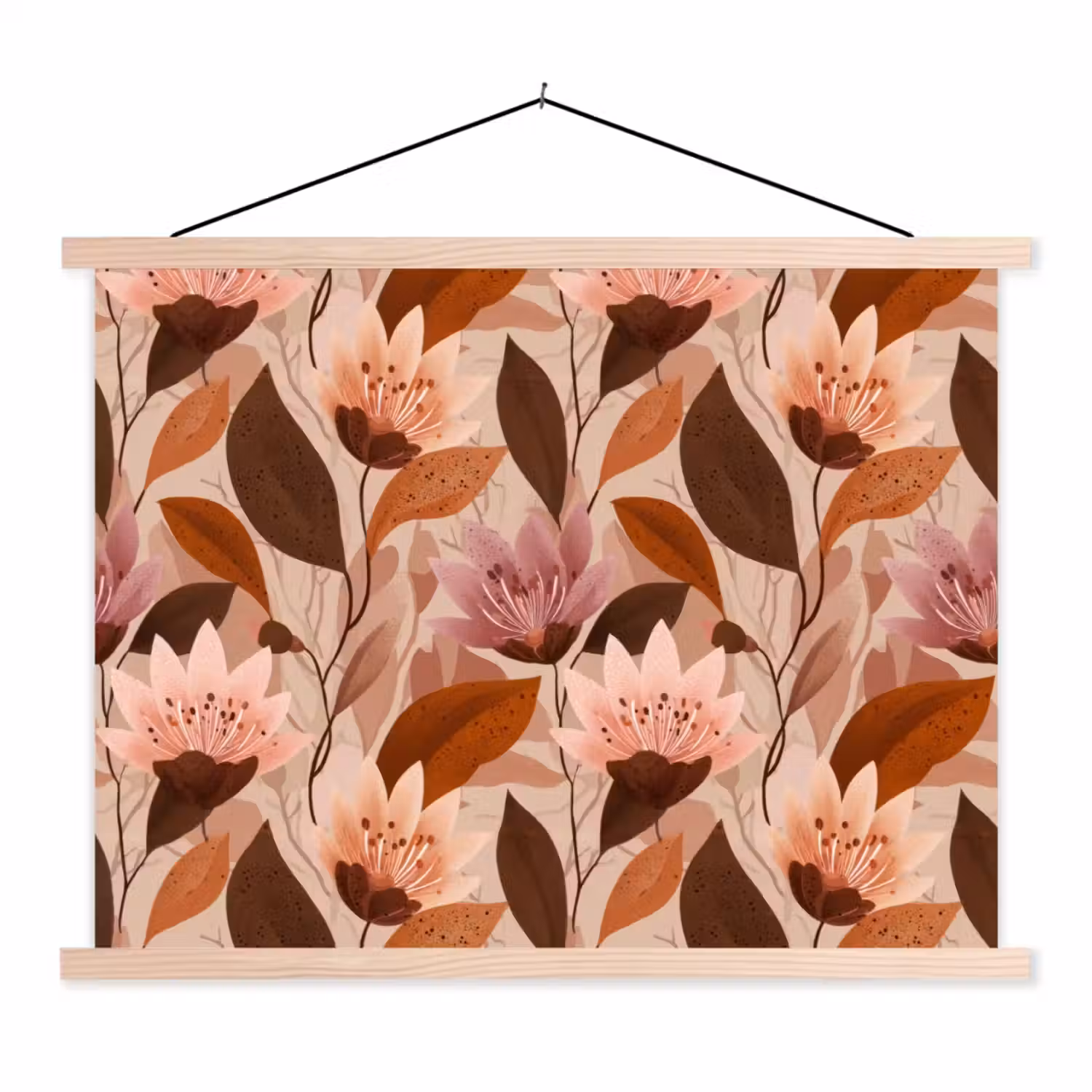 Bloemen - Bladeren - Bruin textielposter latten blank klein 122 -3d