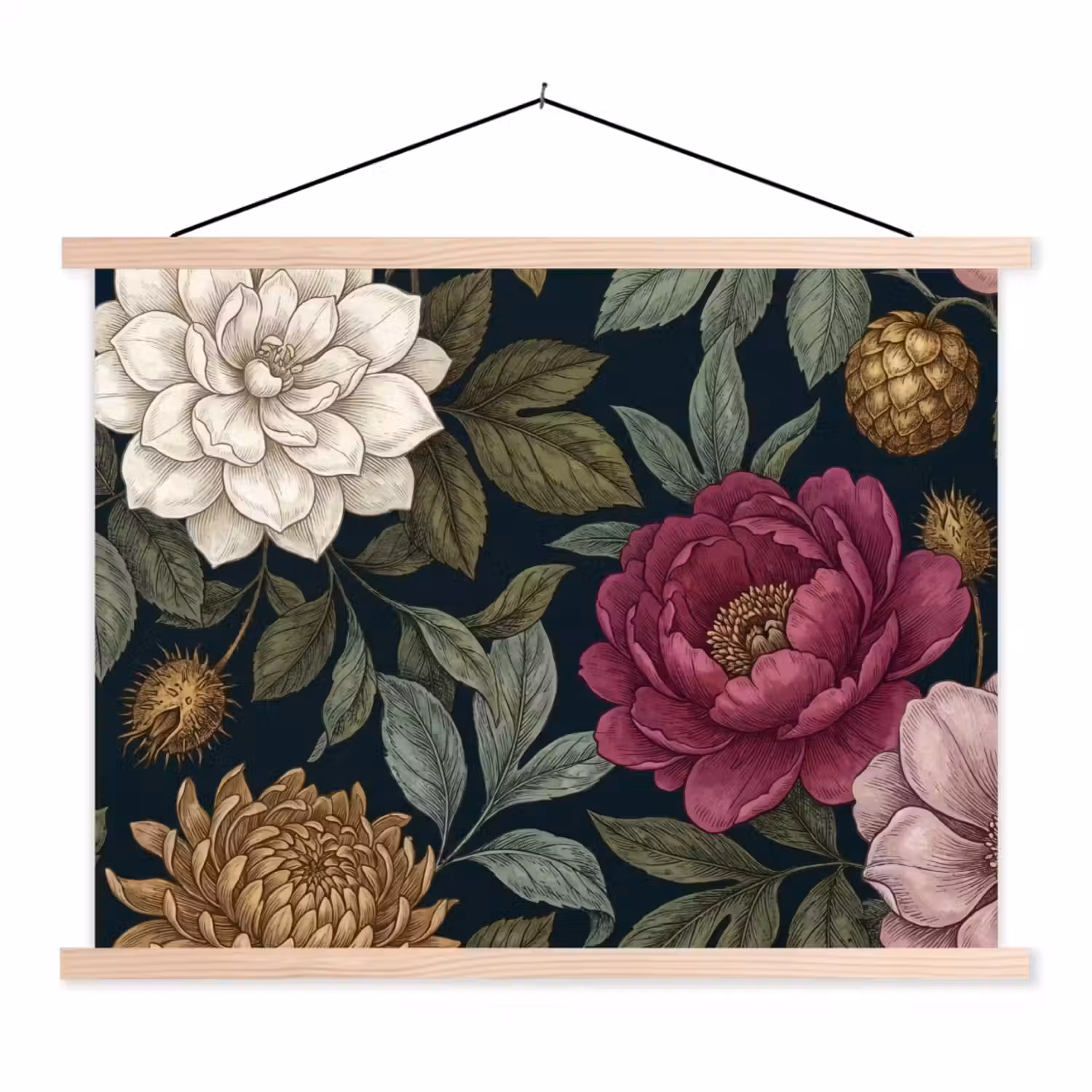 Bloemen - Botanisch - Illustratie - Donker - Vintage textielposter latten blank klein -3d