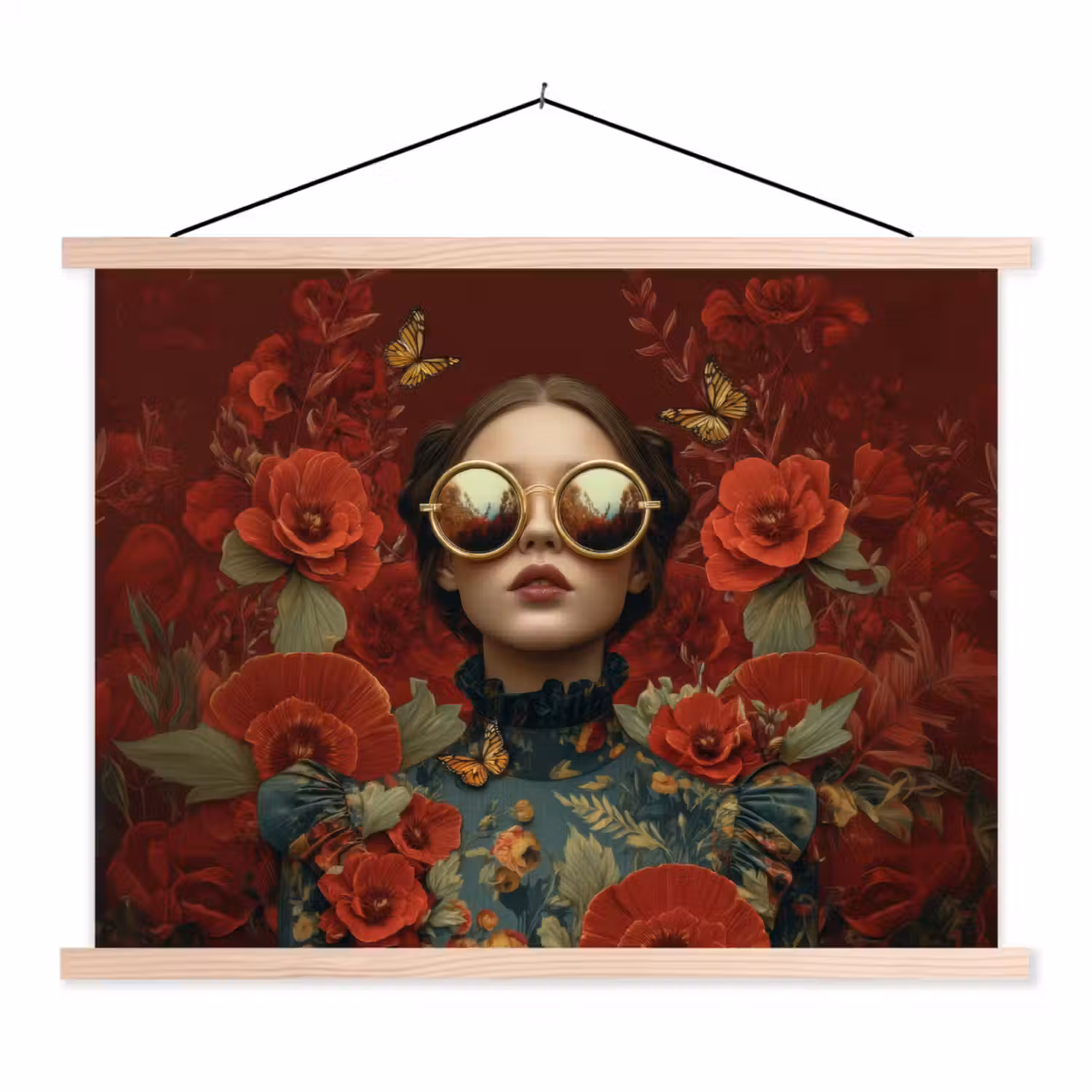 Bloemen - Dieprood - Zonnebril - Vrouw textielposter latten blank klein -3d