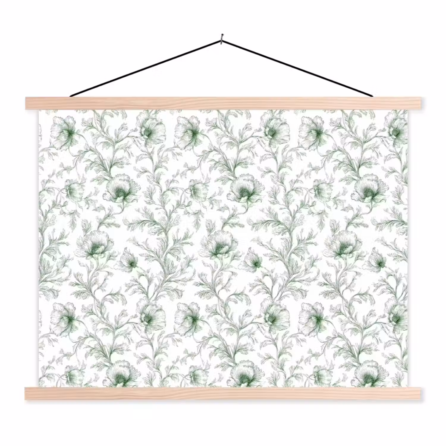 Bloemen - Getekend - Groen textielposter latten blank klein 122 -3d