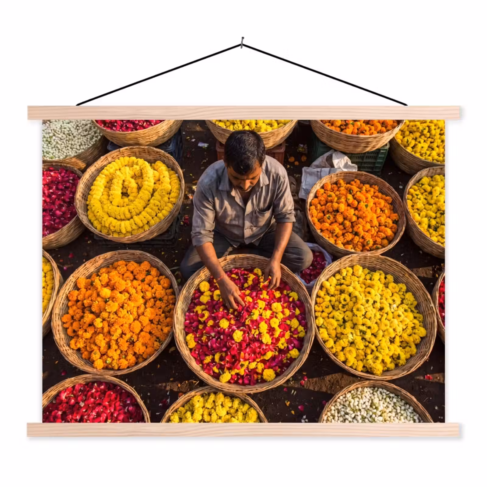 Schoolplaat - Bloemen - Markt - Kleurrijk - Bloemen - Markt - Kleurrijk textielposter latten blank klein