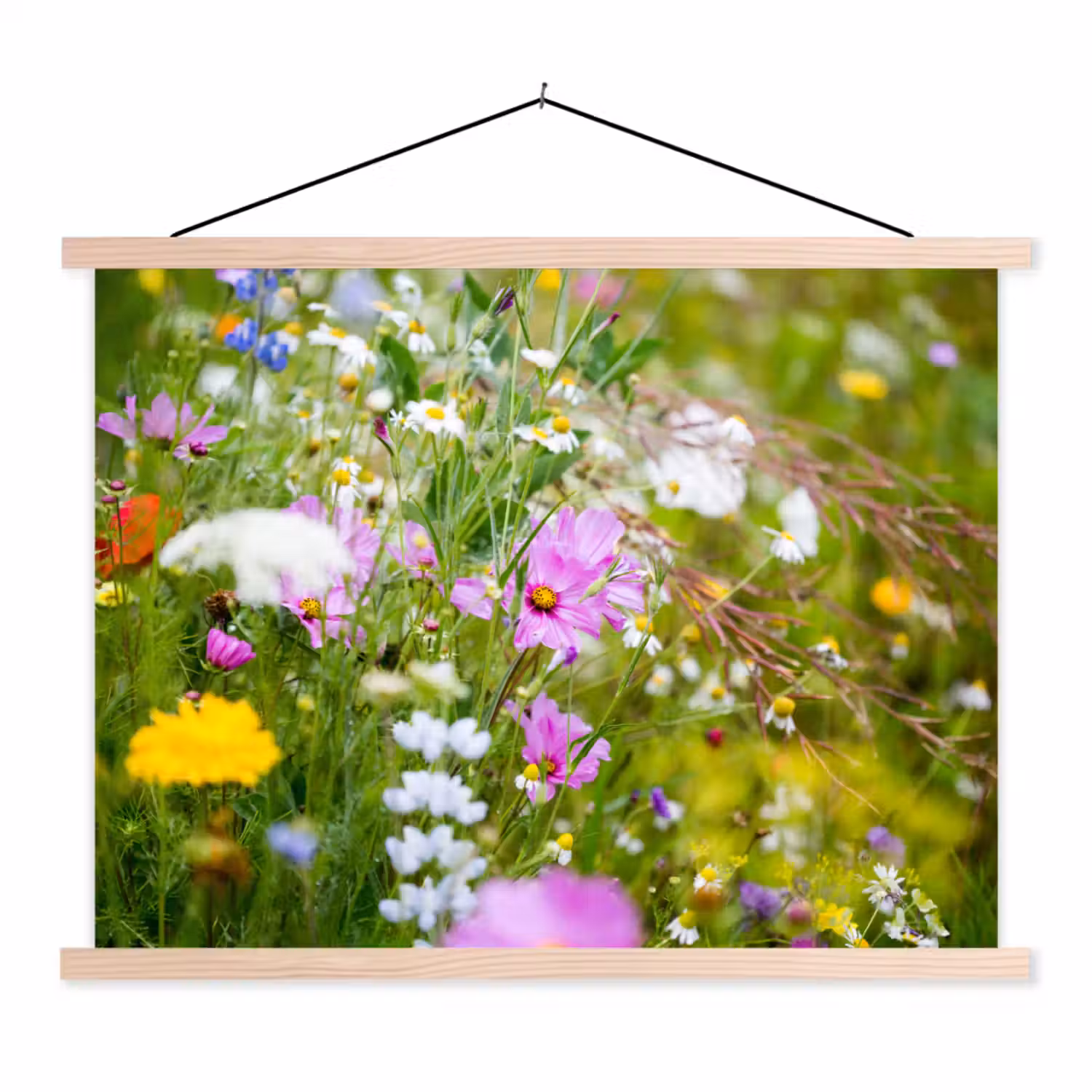 Bloemen - Natuur - Groen - Gras - Paars - Wit textielposter latten blank klein -3d