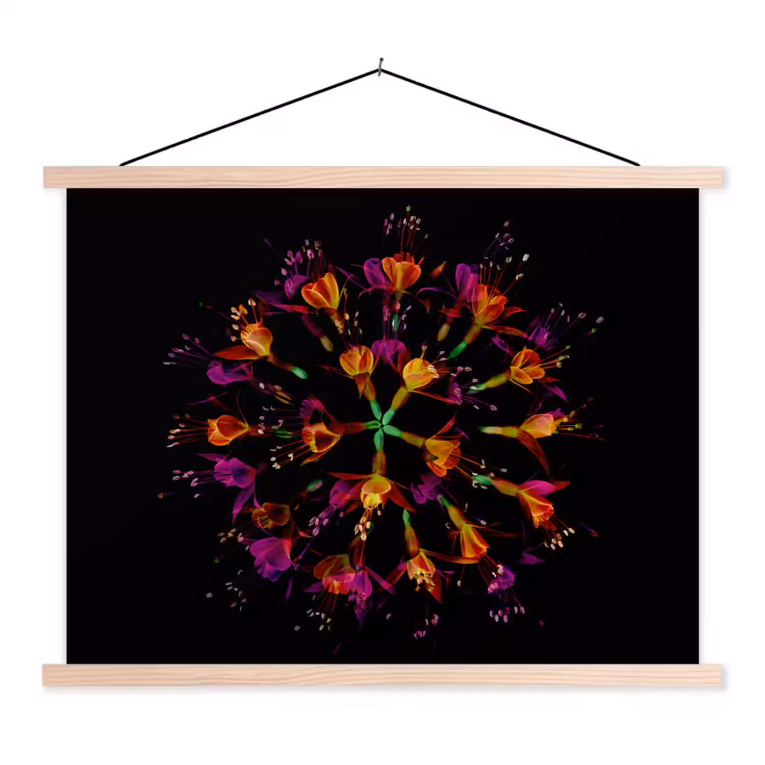 Bloemen - Oranje - Roze - Zwart textielposter latten blank klein -3d