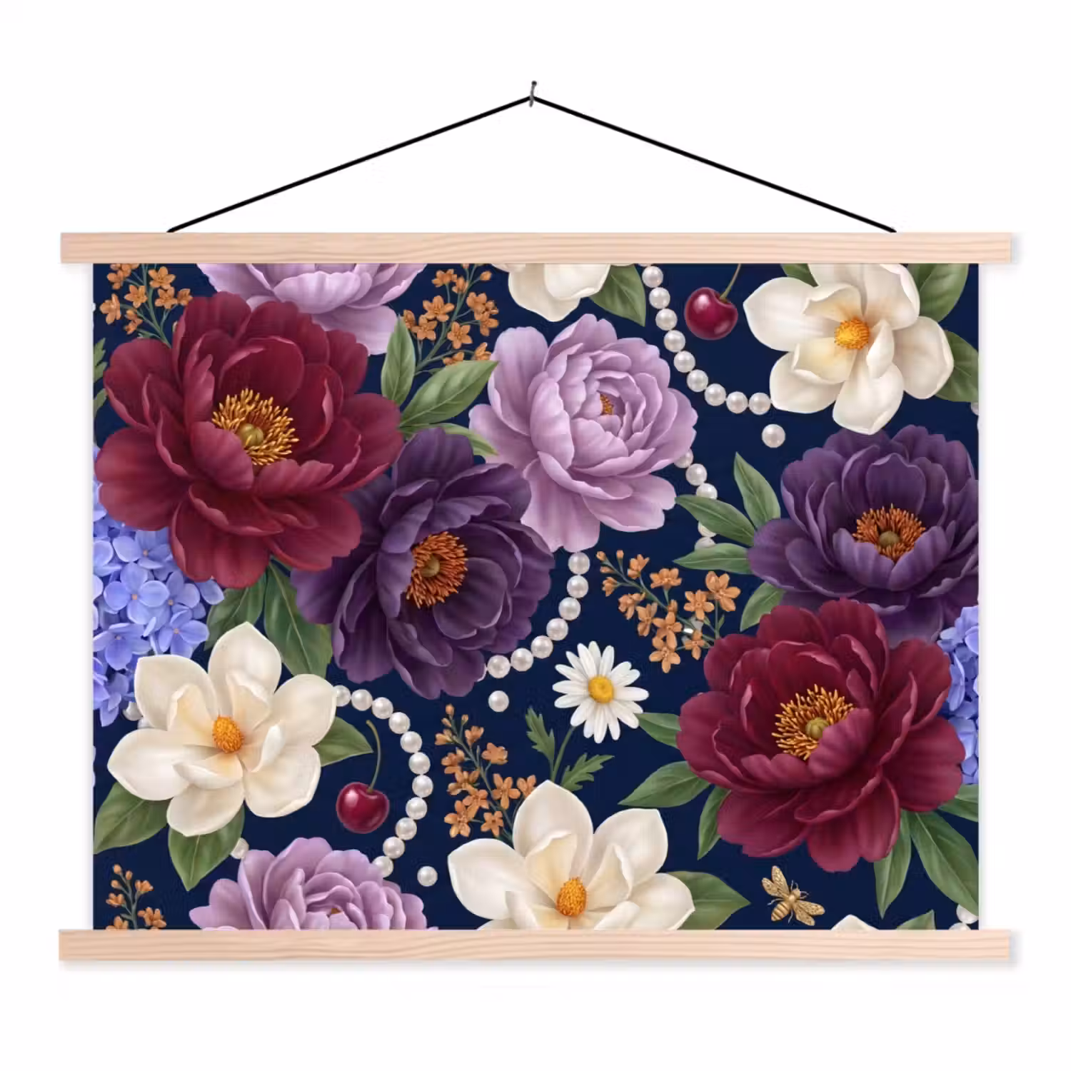 Bloemen - Parels - Decoratie - Modern - Blauw textielposter latten blank klein -3d