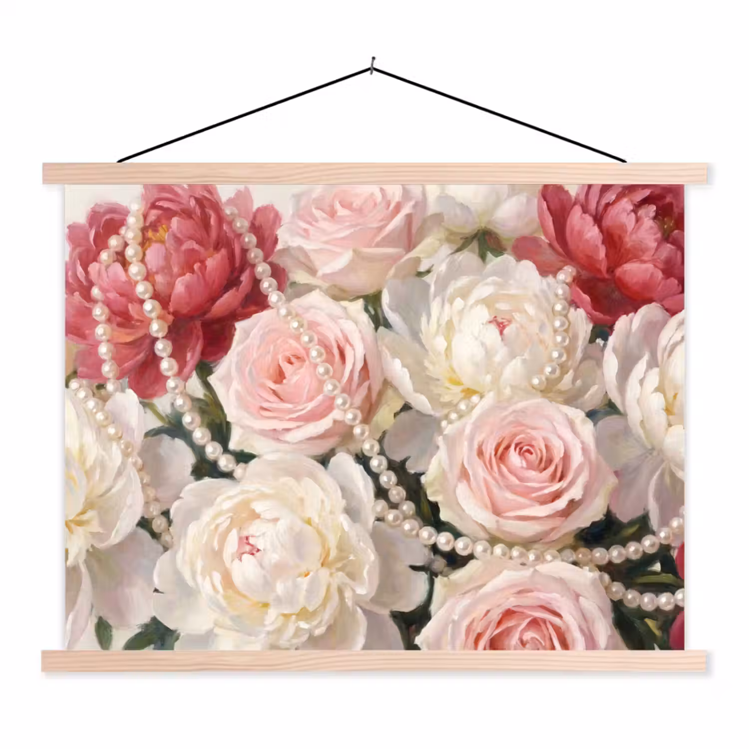 Bloemen - Parels - Romantiek - Klassiek - Roze textielposter latten blank klein -3d