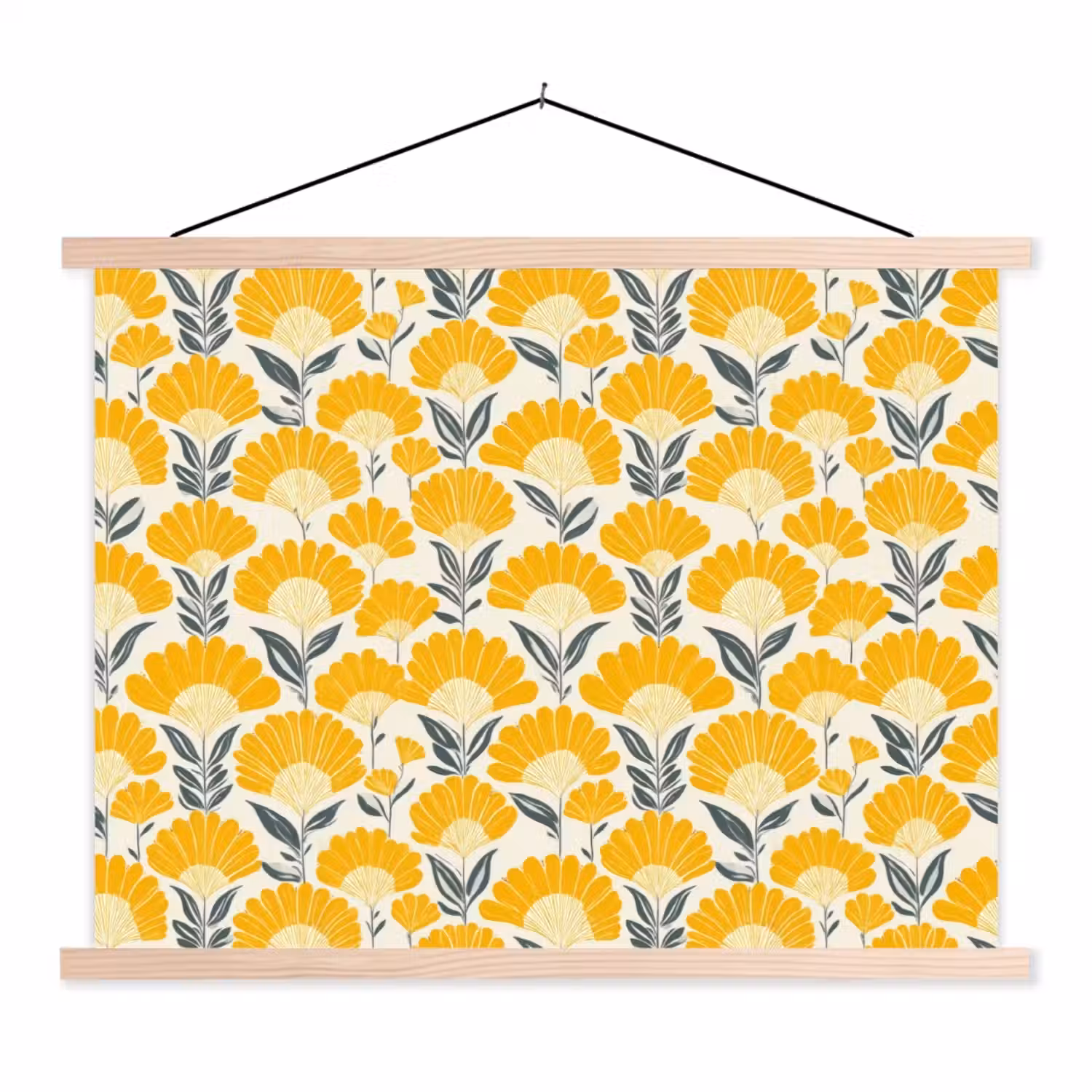 Bloemen - Retro - Botanisch - Okergeel - Grijs textielposter latten blank klein 122 -3d