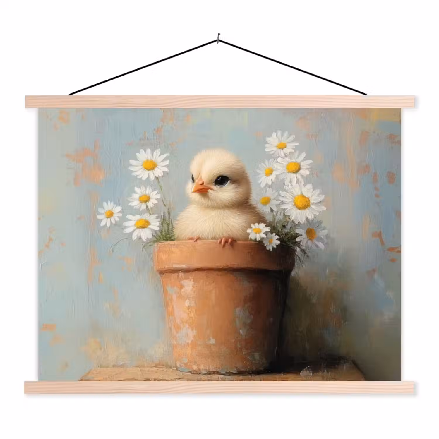 Bloempot - Kuiken - Bloemetjes textielposter latten blank klein -3d