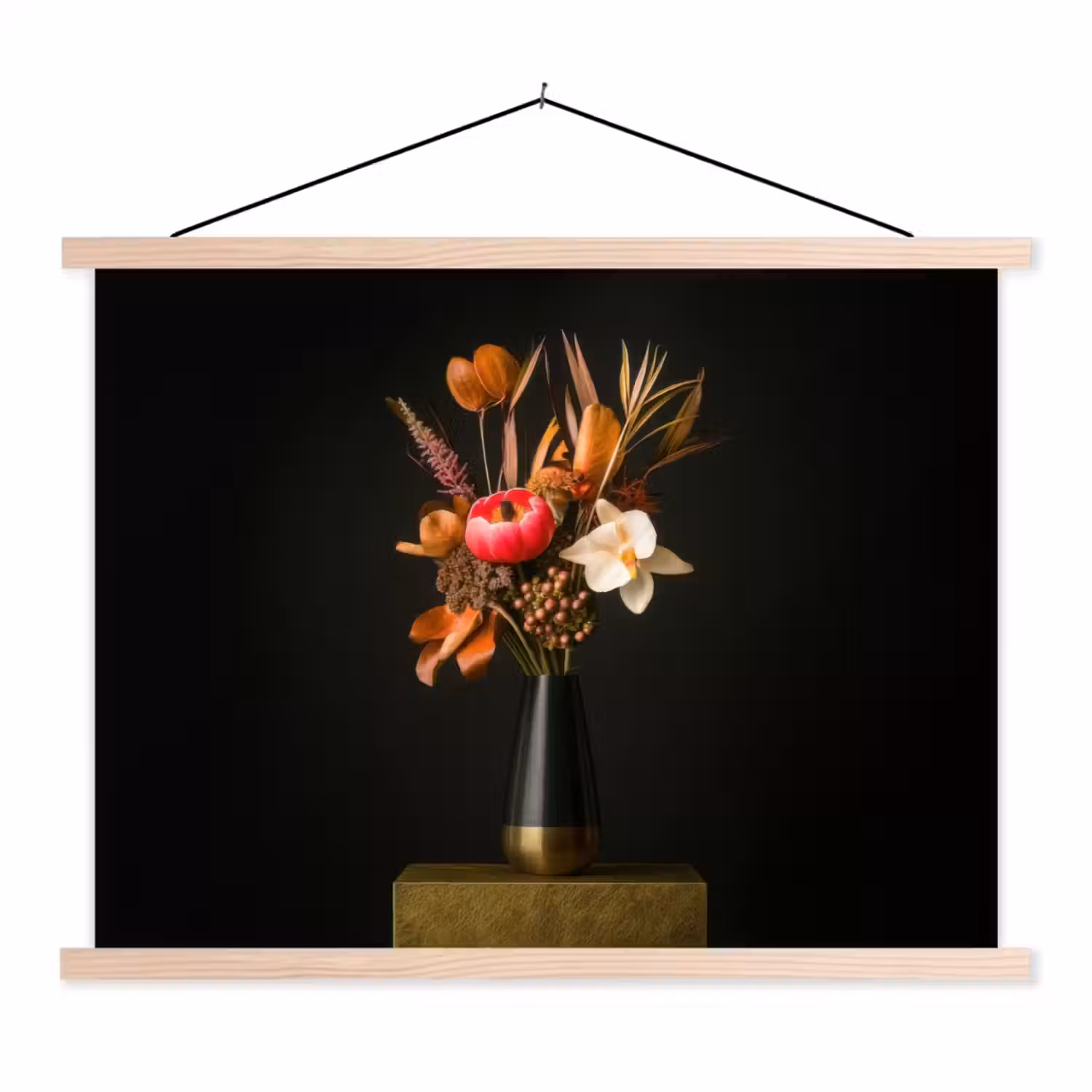 Boeket - Oranje - Gouden - vaas textielposter latten blank klein -3d