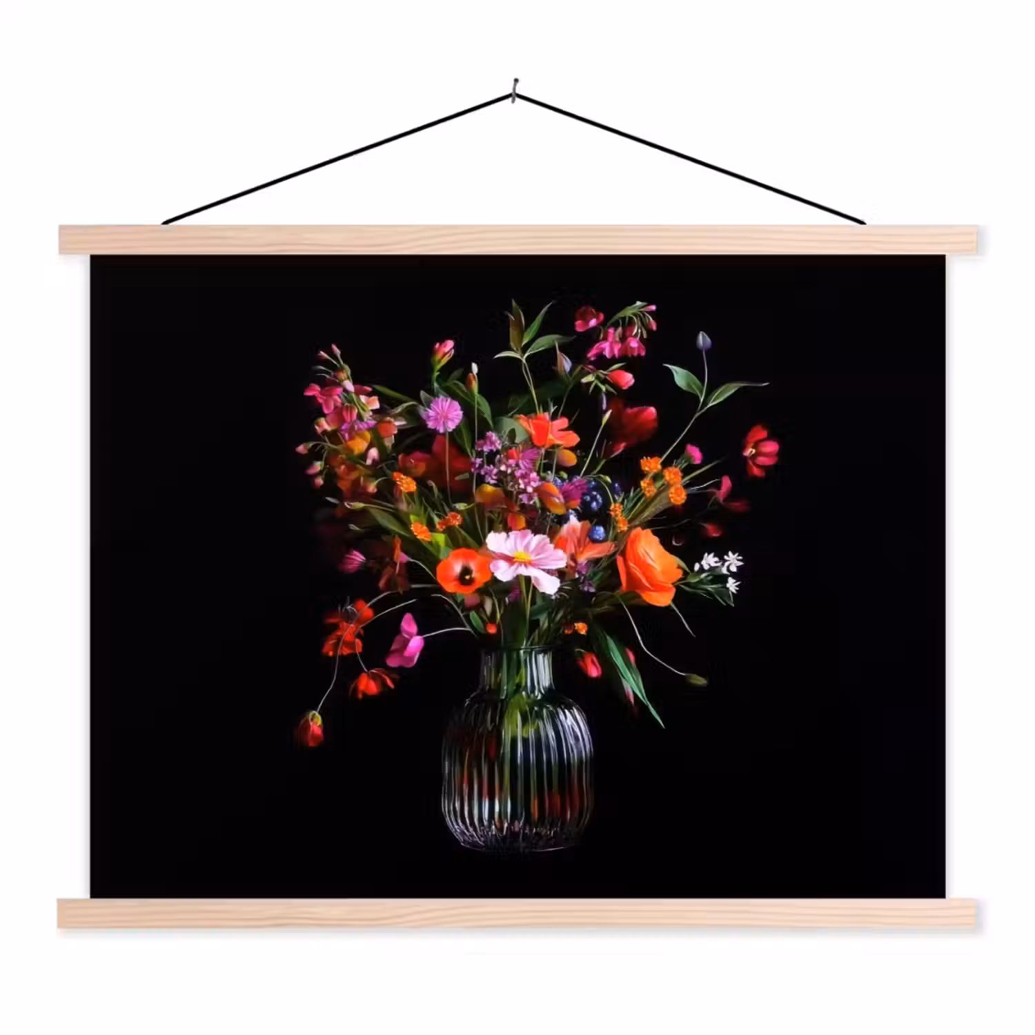 Boeket - Veldbloemen - Vaas textielposter latten blank klein -3d