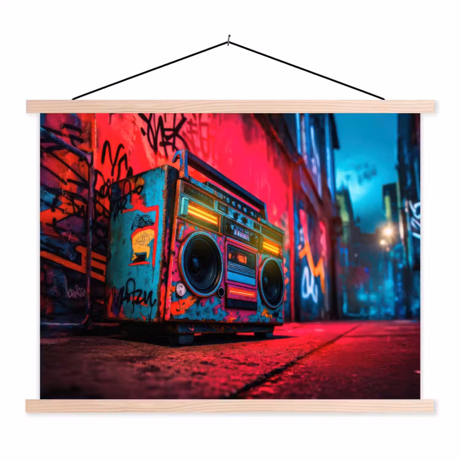 Boombox - Rood - Graffiti - Neon textielposter latten blank klein -3d