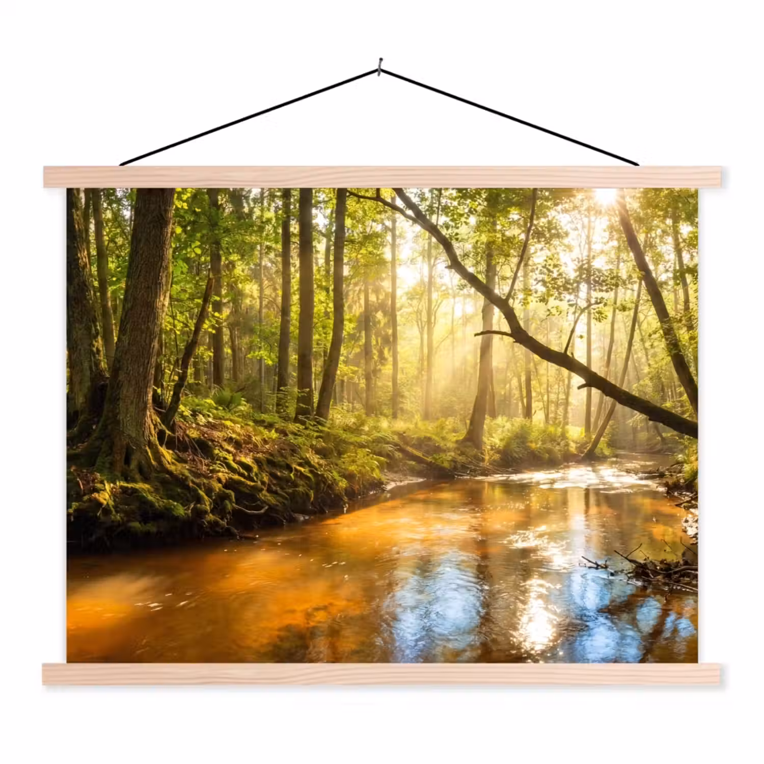 Bos - Beek - Zonlicht - Natuur - Groen textielposter latten blank klein -3d