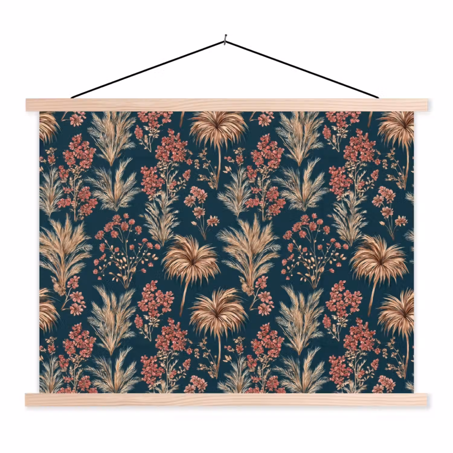 Botanisch - Patroon - Blauw textielposter latten blank klein 122 -3d