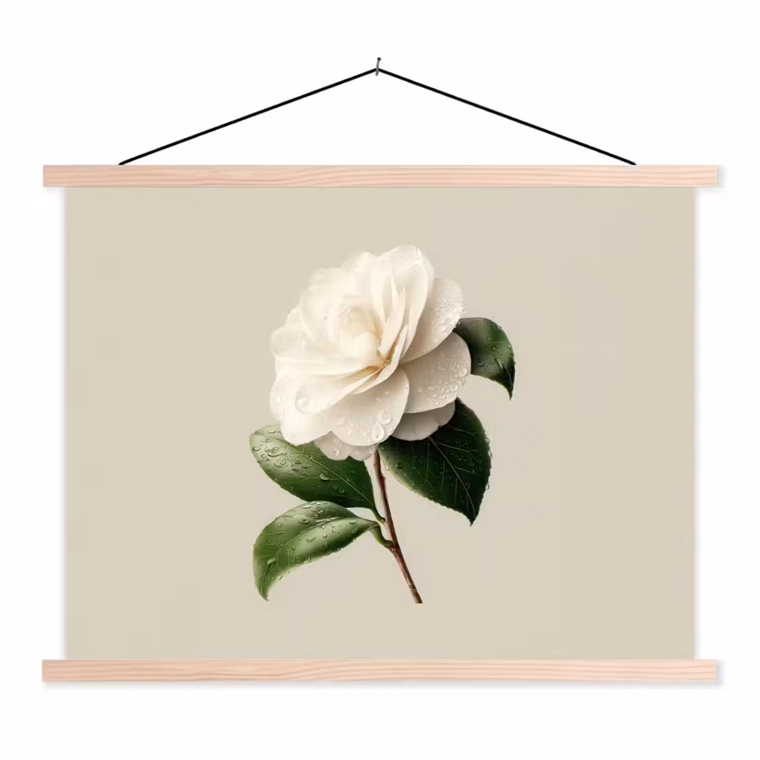 Cameliabloem - Wit - Groen textielposter latten blank klein -3d