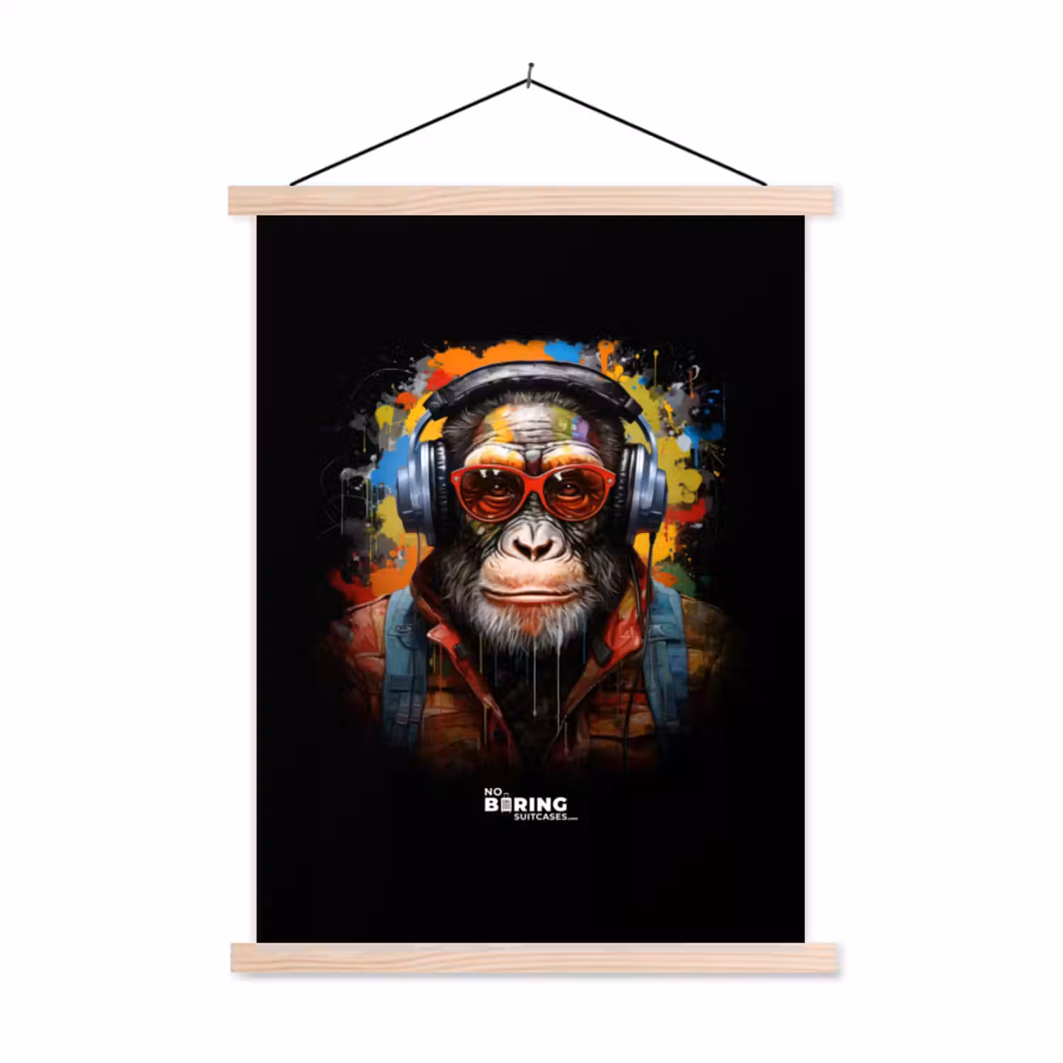 Chimpansee met koptelefoon en graffiti-spray textielposter latten blank klein -3d