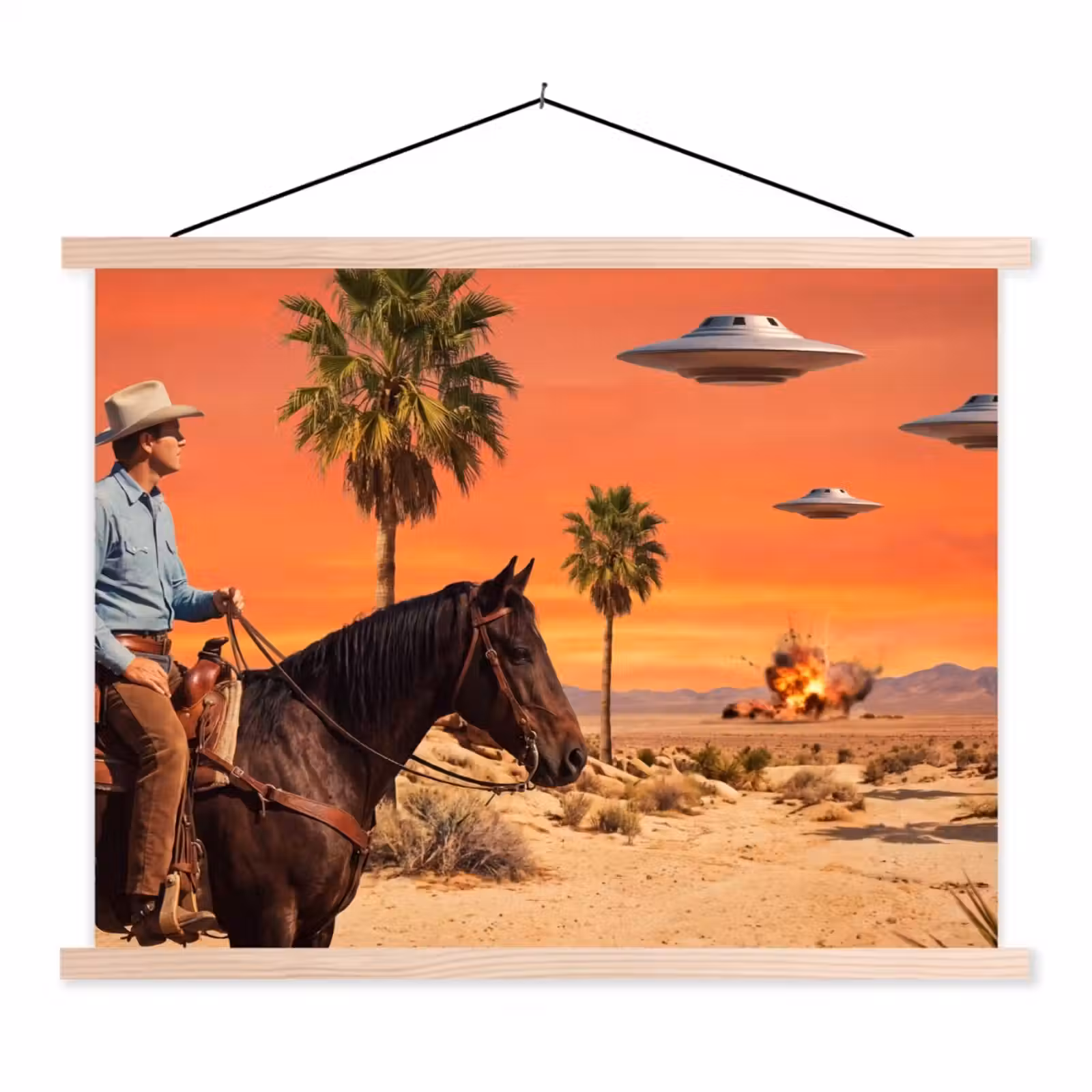 Schoolplaat - Cowboy - Paard - Woestijn - Cowboy - Paard - Woestijn textielposter latten blank klein