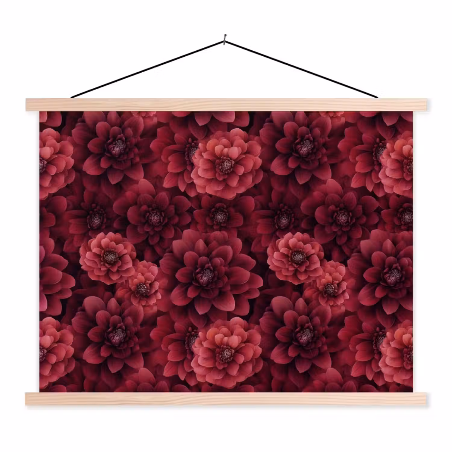 Dahlias - Bloemen - Rood textielposter latten blank klein 122 -3d
