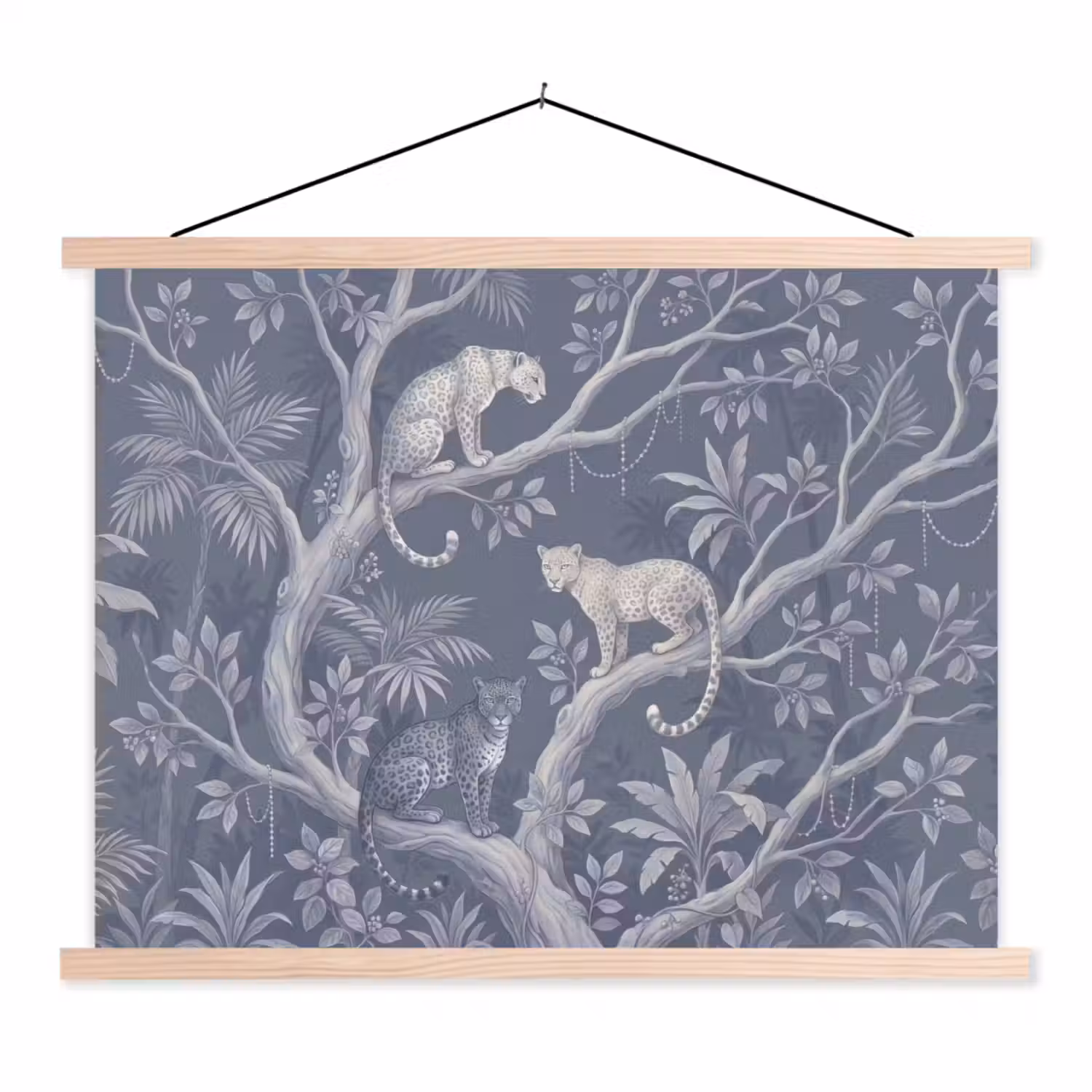 Dieren - Jungle - Illustratie - Bomen - Blauw textielposter latten blank klein -3d
