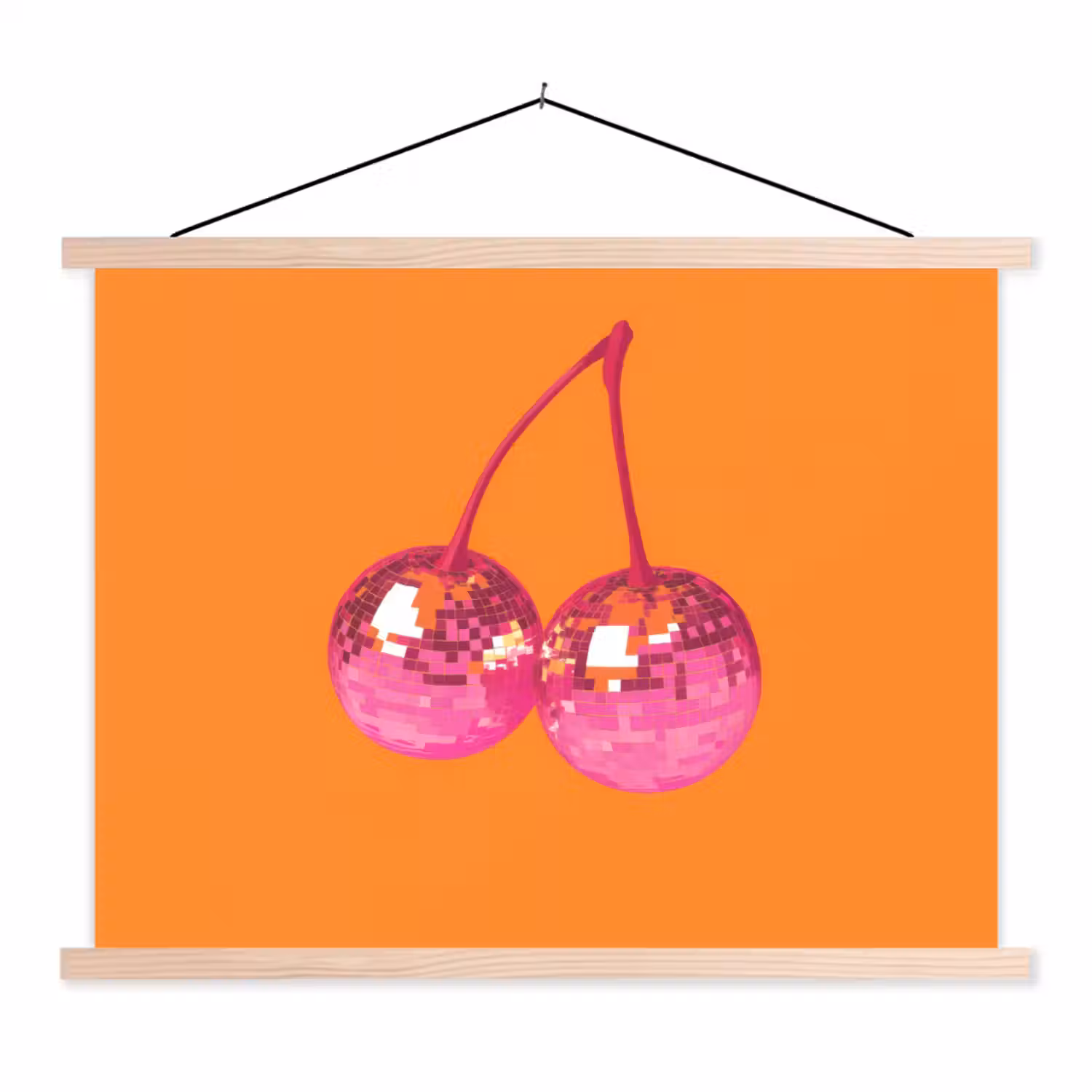 Discoballen - Kers - Spiegels - Roze textielposter latten blank klein -3d