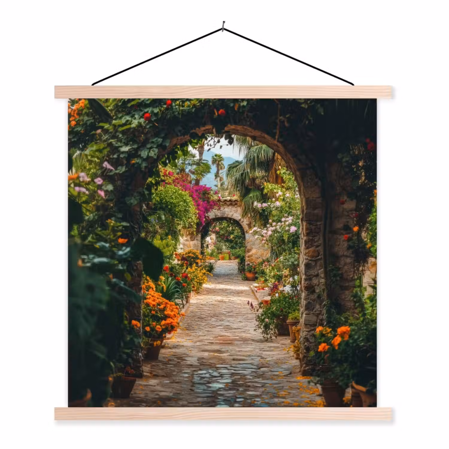 Doorkijk - Bloemen - Poort - Stenen textielposter latten blank klein -3d