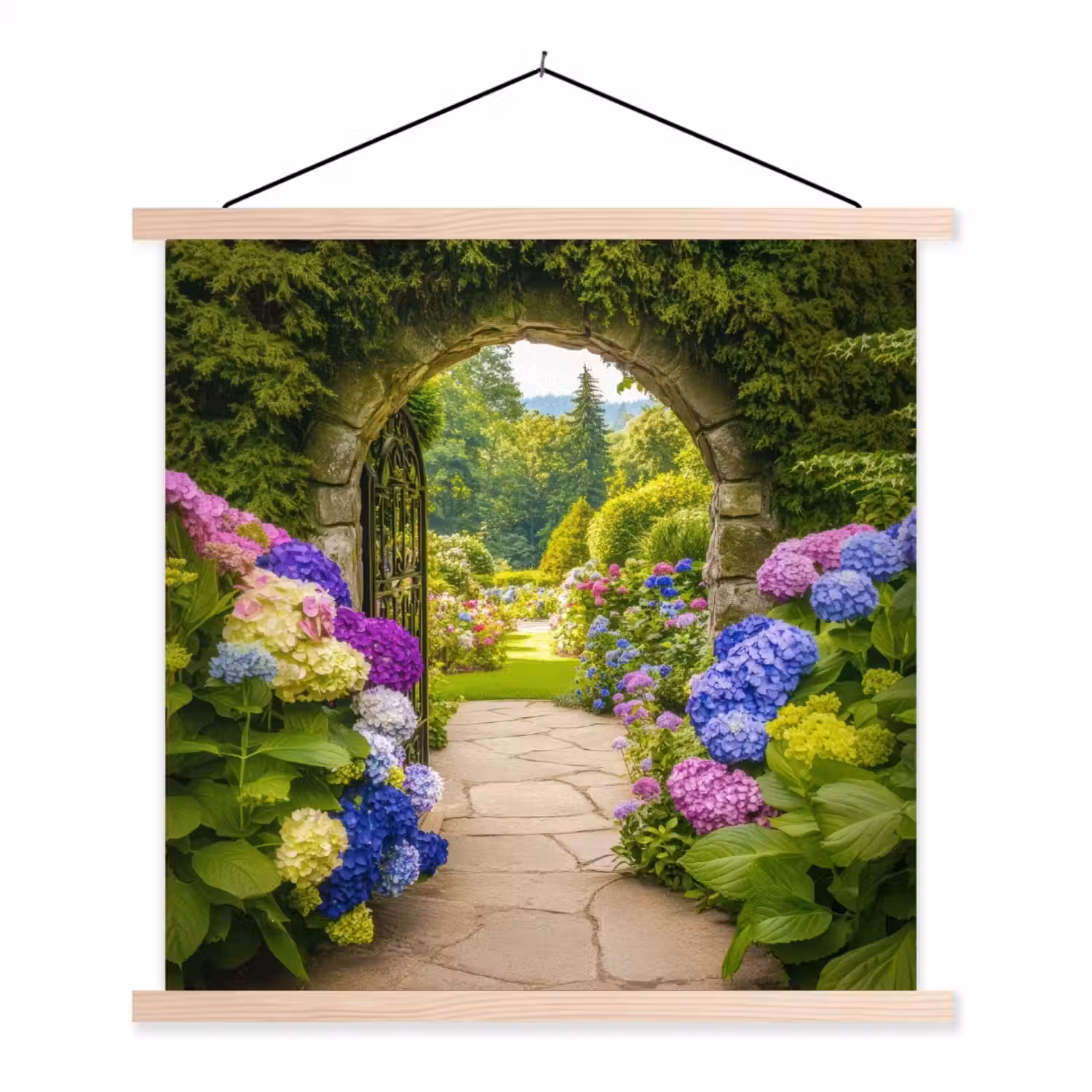 Doorkijk - Poort - Hortensia - Bloementuin textielposter latten blank klein -3d