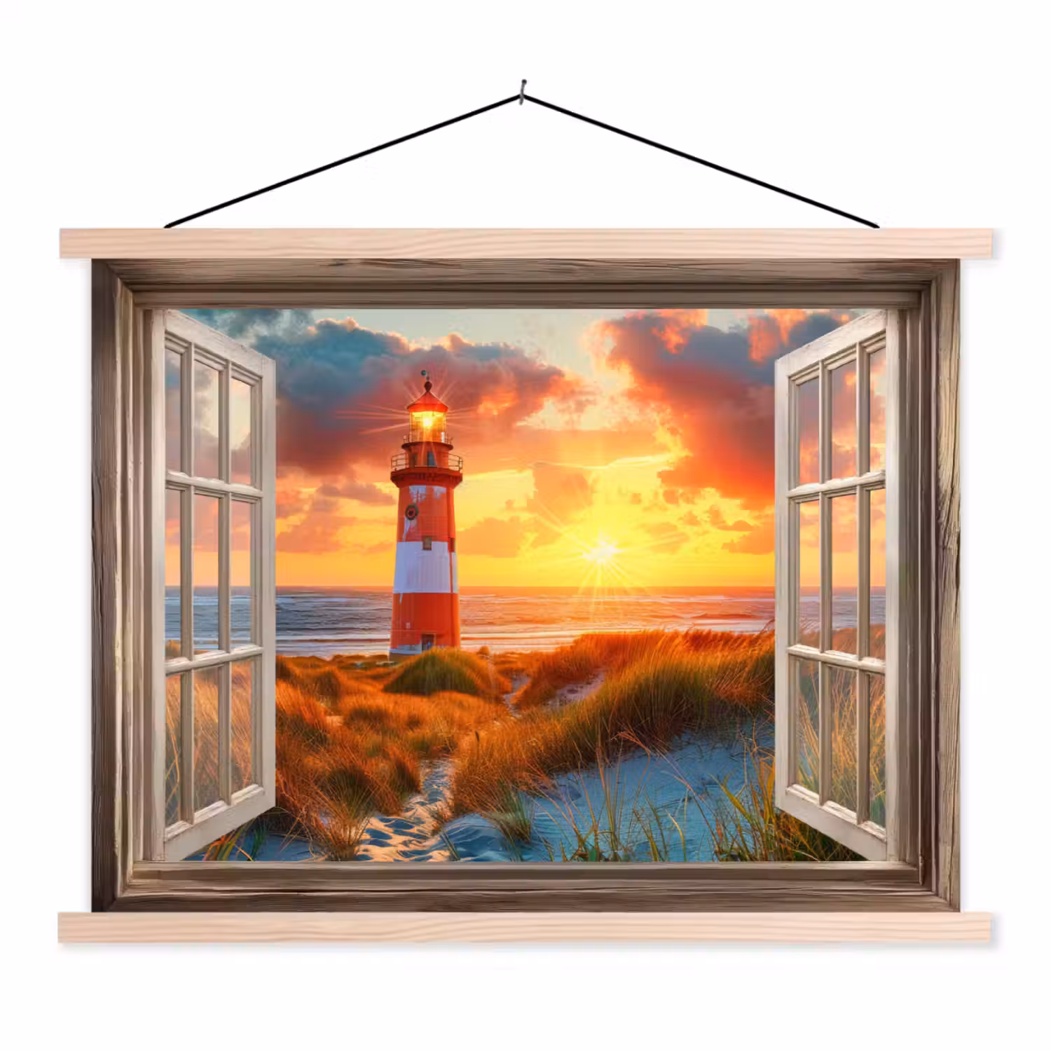 Doorkijk - Raam - Vuurtoren - Zonsondergang - Strand textielposter latten blank klein -3d