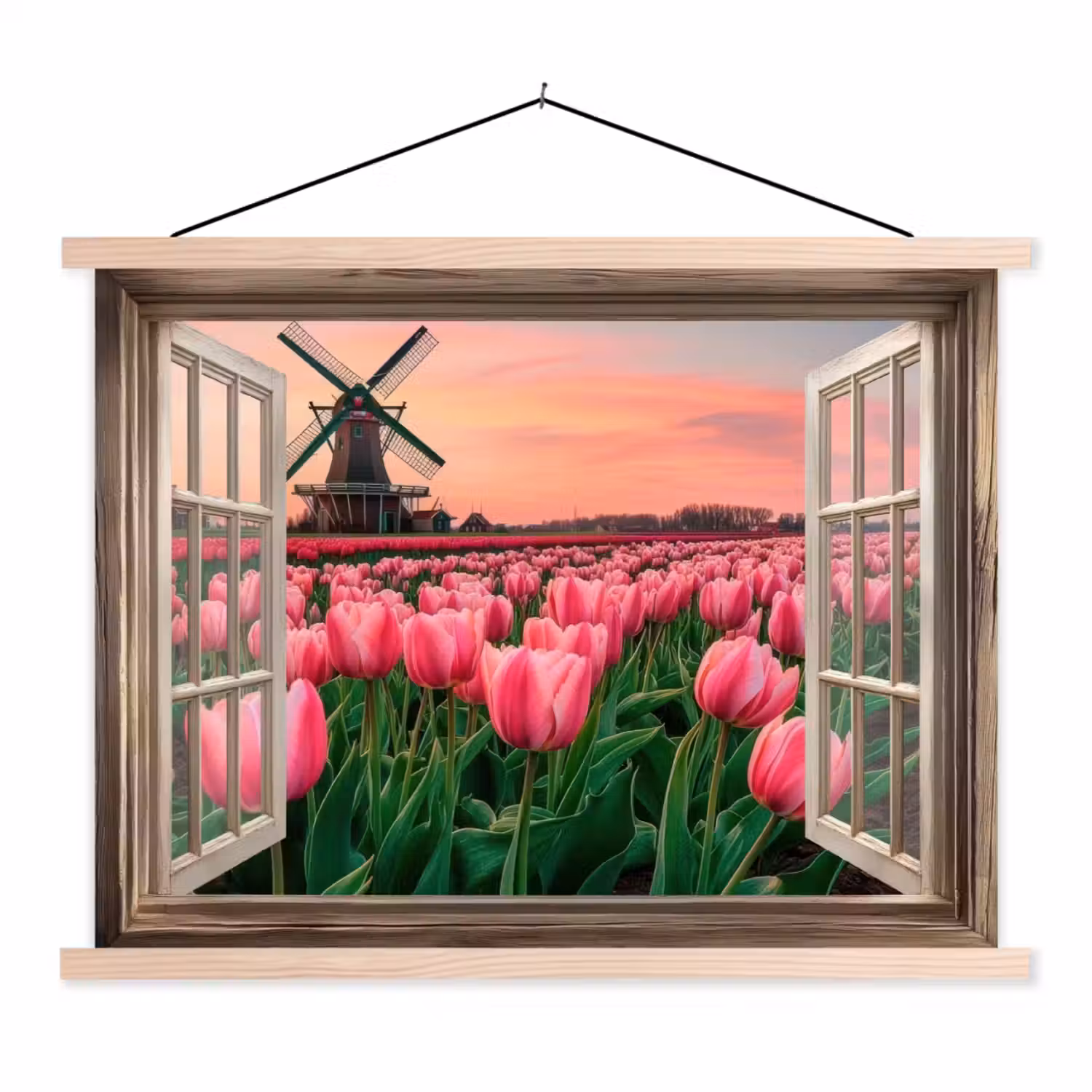 Doorkijk - Tulpen - Bloemen - Molen - Raam textielposter latten blank klein -3d