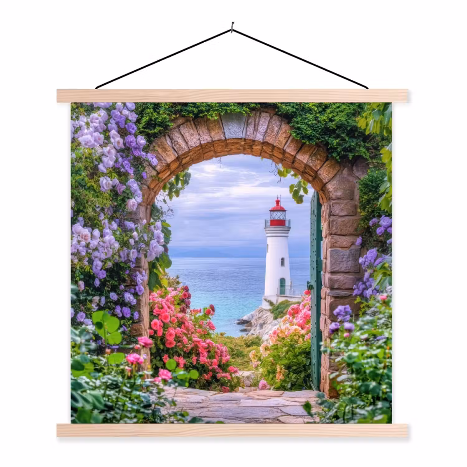 Doorkijk - Vuurtoren - Bloemen - Uitzicht textielposter latten blank klein -3d