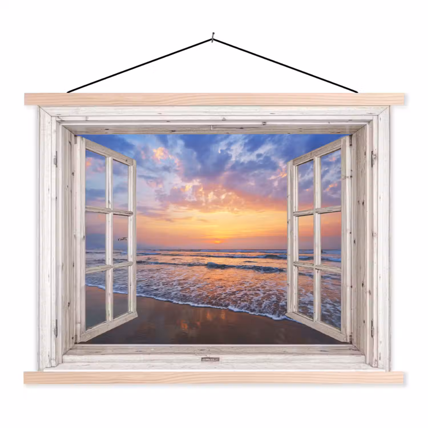 Doorkijk - Zee - Strand - Zonsondergang - Blauw textielposter latten blank klein -3d